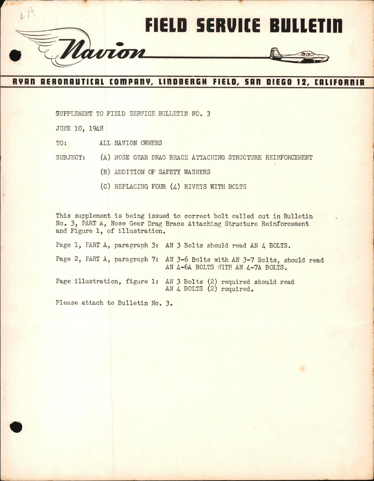 Sample page 1 from AirCorps Library document: Nose Gear Drag Brace Attaching Structure Reinforcement