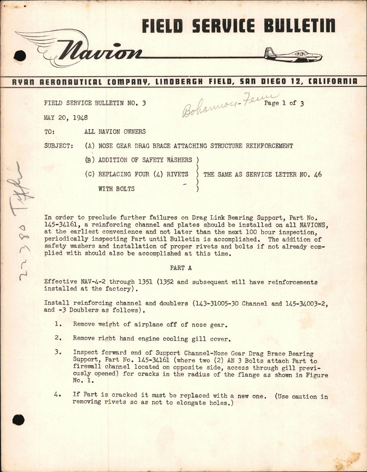 Sample page 1 from AirCorps Library document: Nose Gear Drag Brace Attaching Structure Reinforcement