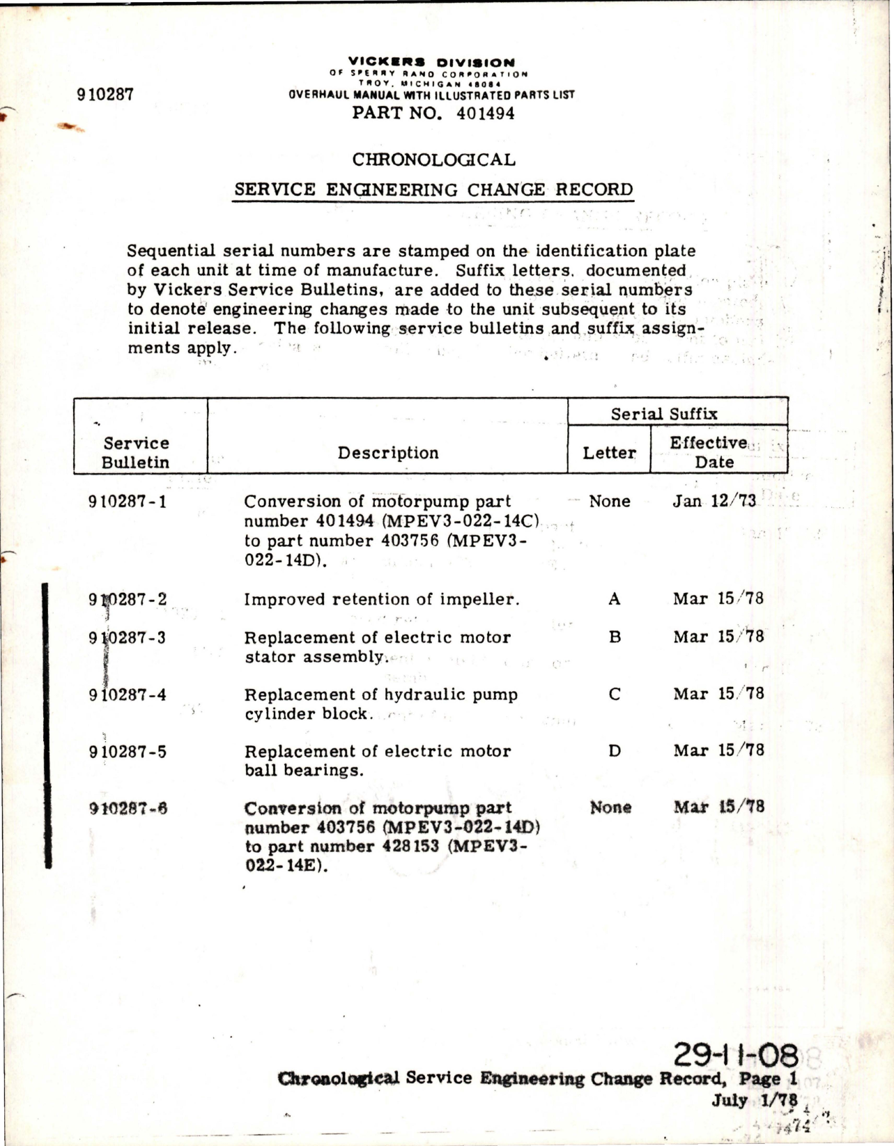 Sample page 1 from AirCorps Library document: Chronological Service Engineering Change Record - Part 401494