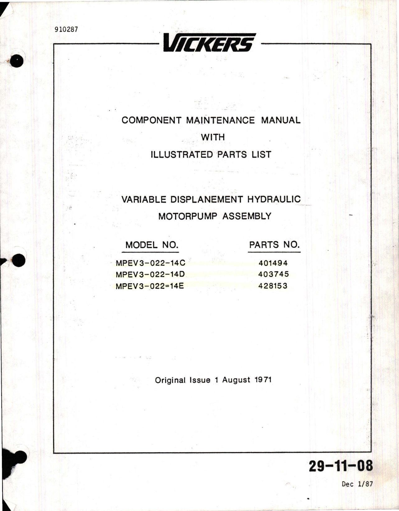 Sample page 1 from AirCorps Library document: Maintenance Manual with Illustrated Parts List for Variable Displacement Hydraulic Motorpump Assembly - Model MPEV3-022-14C, MPEV3-022-14D, and MPEV3-022-14E