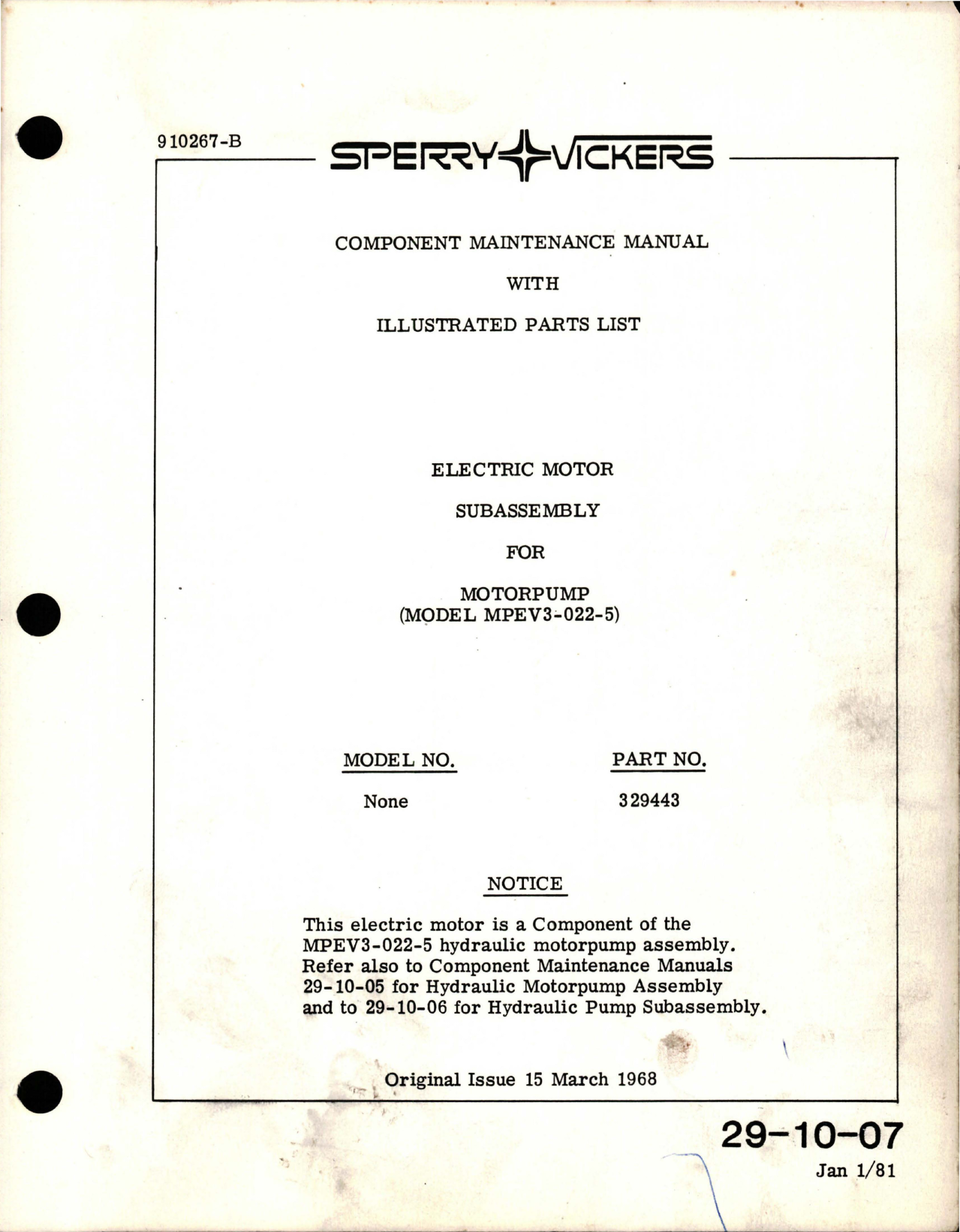 Sample page 1 from AirCorps Library document: Maintenance with Illustrated Parts List for Electric Motor Subassembly for Hydraulic Motorpump - Model MPEV3-022-5 - Part 329443 
