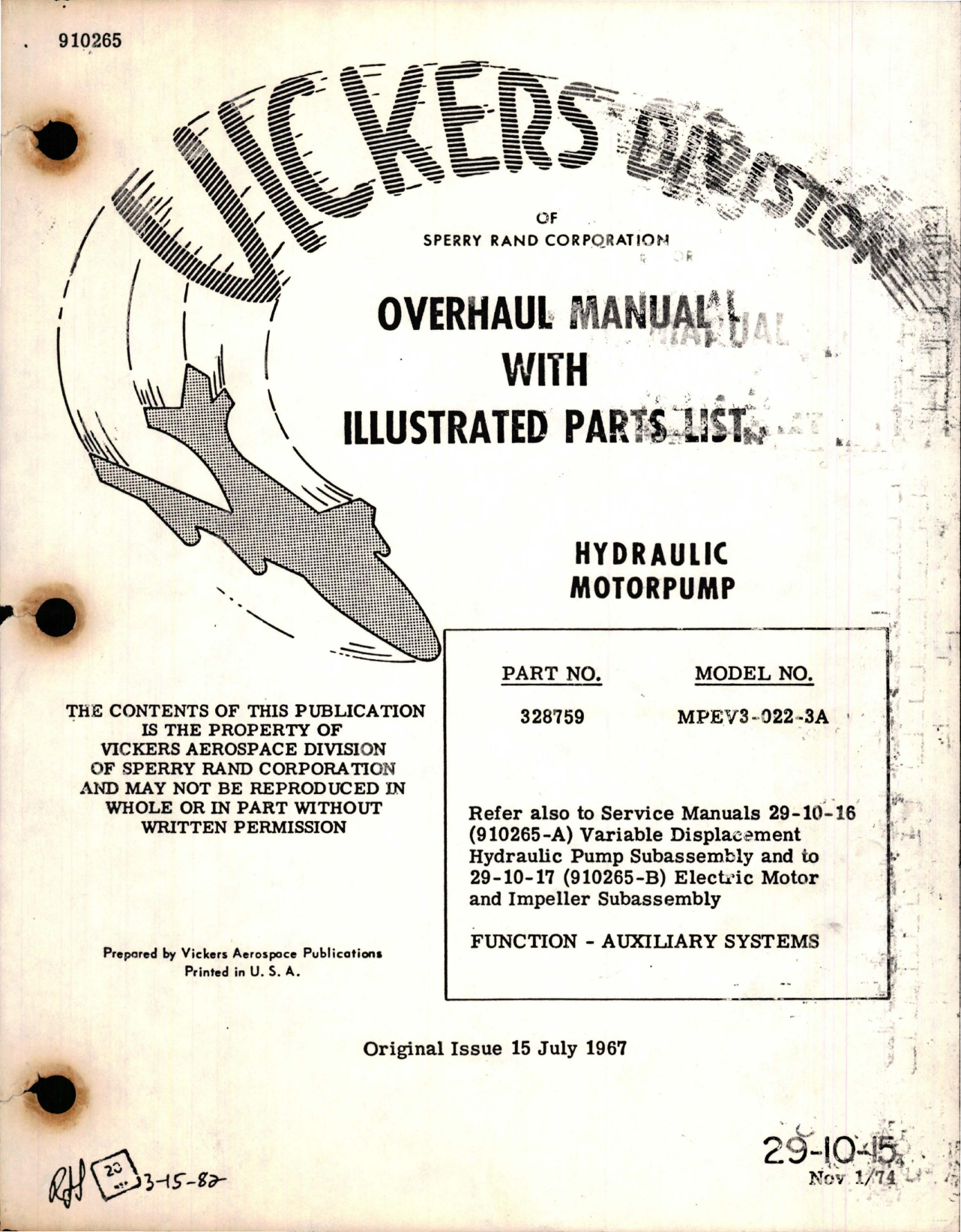 Sample page 1 from AirCorps Library document: Overhaul with Illustrated Parts List for Hydraulic Motorpump - Part 328759 - Model MPEV3-022-3A