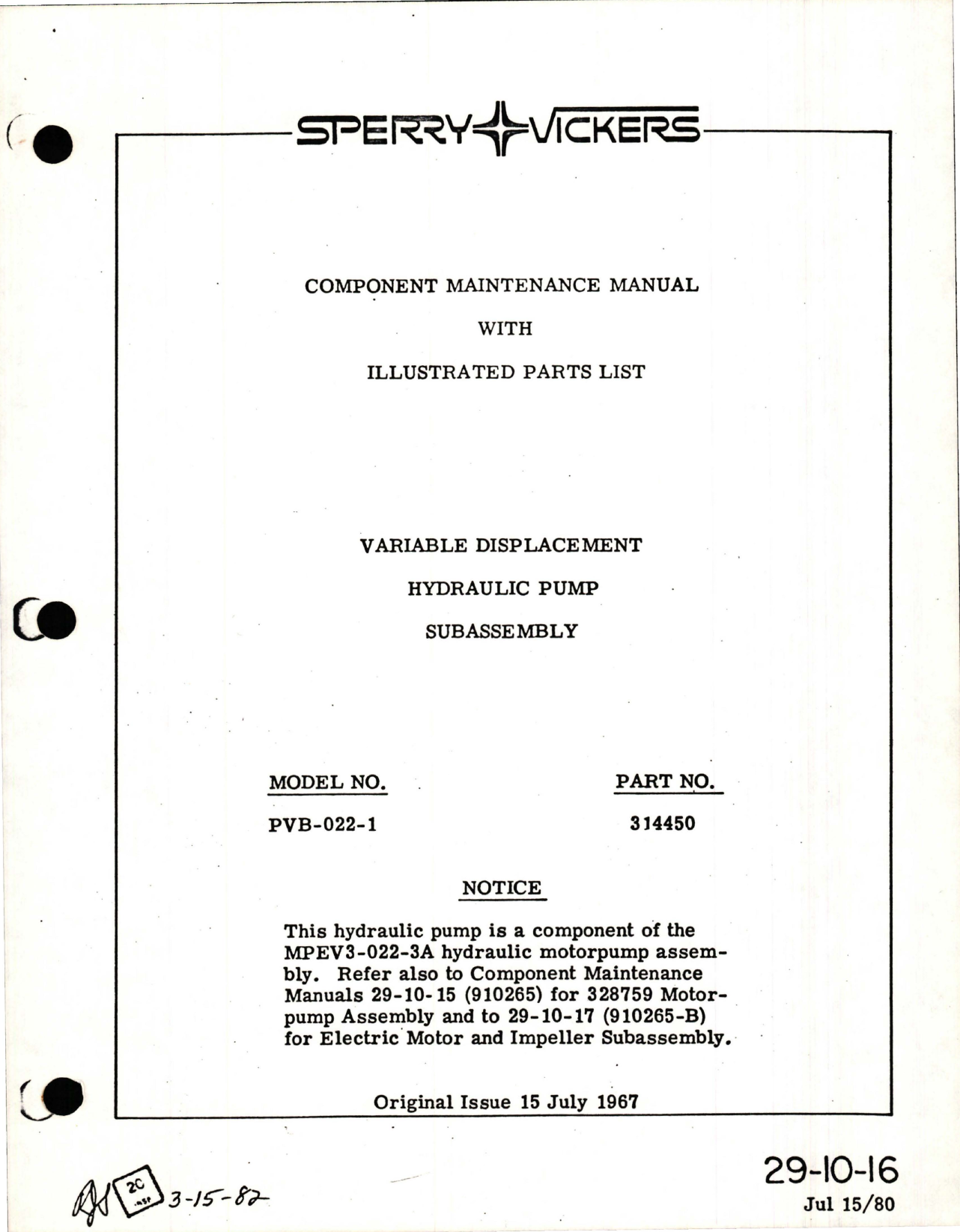 Sample page 1 from AirCorps Library document: Maintenance with Illustrated Parts List for Variable Displacement Hydraulic Pump Subassembly - Part 314450 - Model PVB-022-1