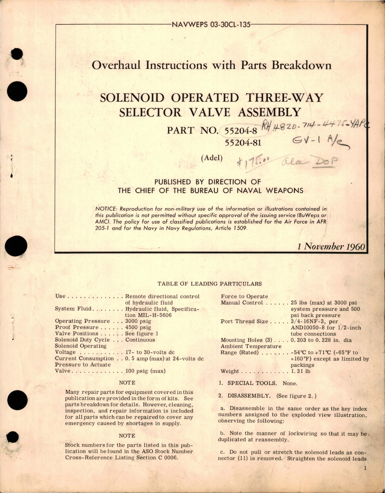 Sample page 1 from AirCorps Library document: Overhaul Instructions with Parts for Solenoid Operated Three-Way Selector Valve Assembly - Part 55204-8 and 55204-81