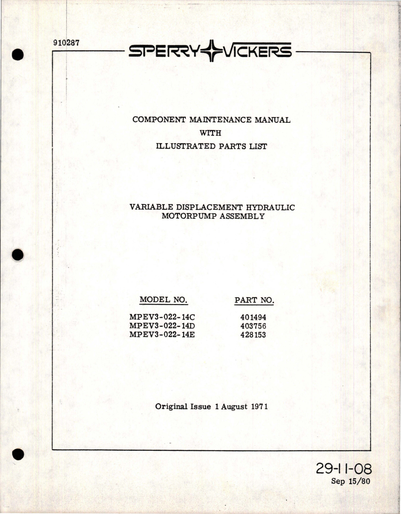 Sample page 1 from AirCorps Library document: Maintenance Manual with Illustrated Parts List for Variable Displacement Hydraulic Motorpump Assy - Model MPEV3-022-14C, MPEV3-022-14D, and MPEV3-022-14E
