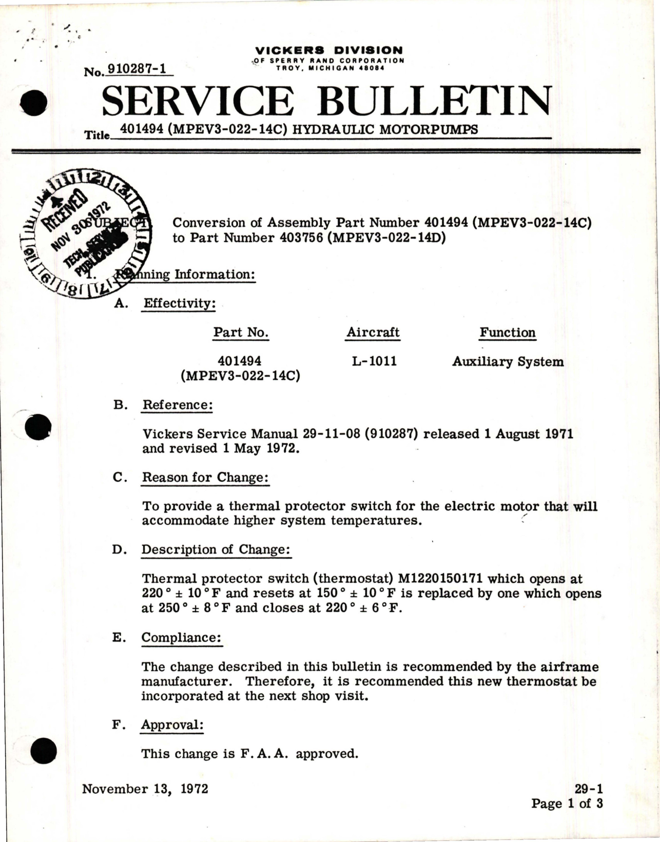 Sample page 1 from AirCorps Library document: Conversion of Assembly Part 401494 to Part 403756 - Hydraulic Motorpumps 