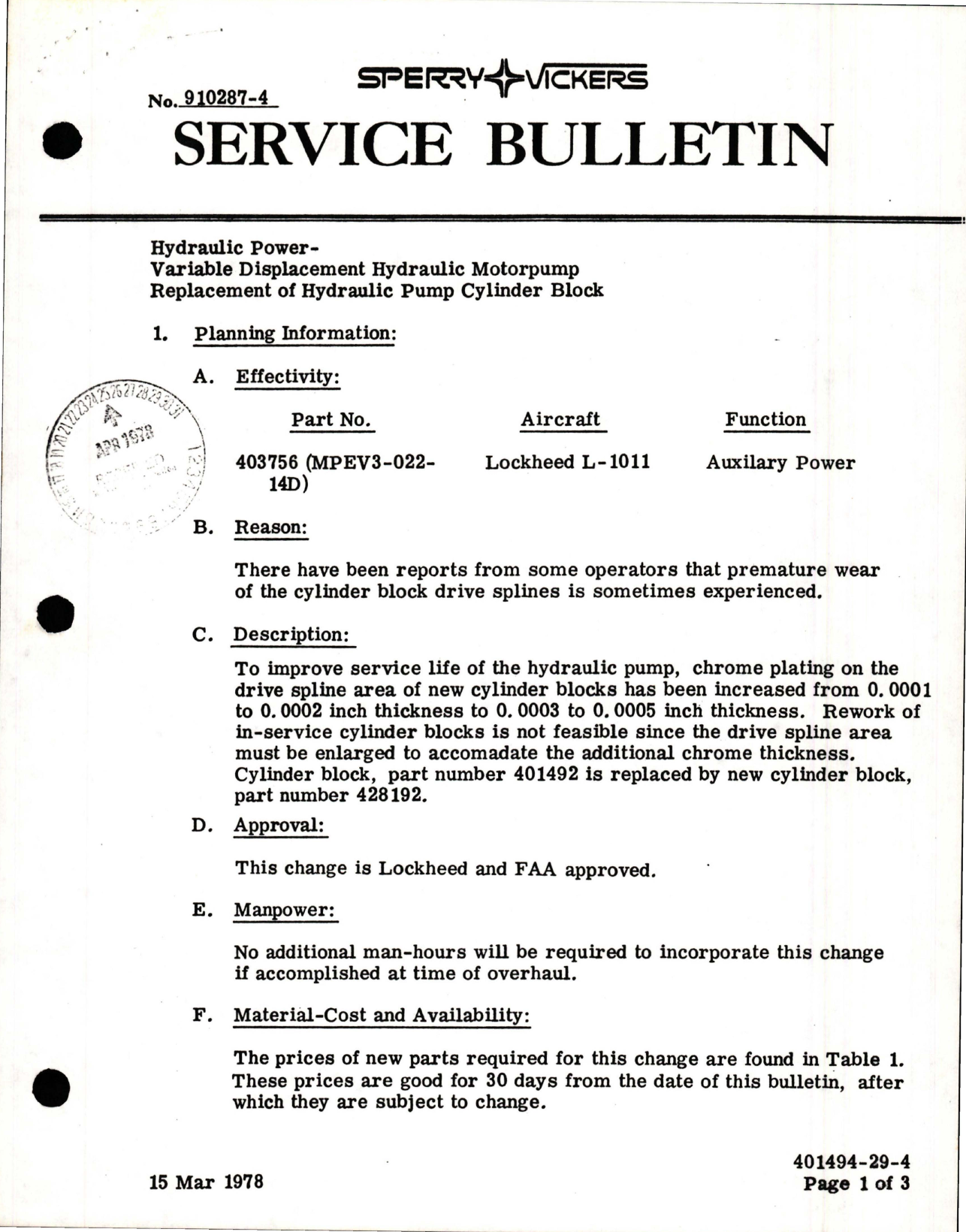 Sample page 1 from AirCorps Library document: Replacement of Hydraulic Pump Cylinder Block - Hydraulic Motorpump - Part 403756