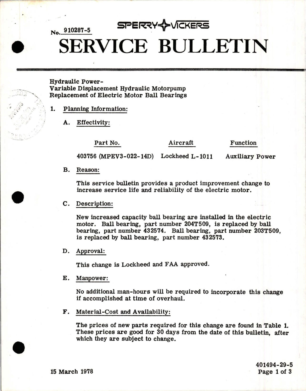 Sample page 1 from AirCorps Library document: Replacement of Electric Motor Ball Bearings - Hydraulic Motorpump - Part 403756