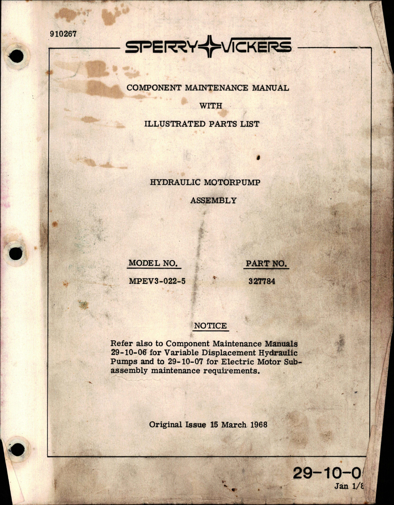 Sample page 1 from AirCorps Library document: Maintenance Manual with Illustrated Parts List for Hydraulic Motorpump Assembly - Model MPEV3-022-5 - Part 327784