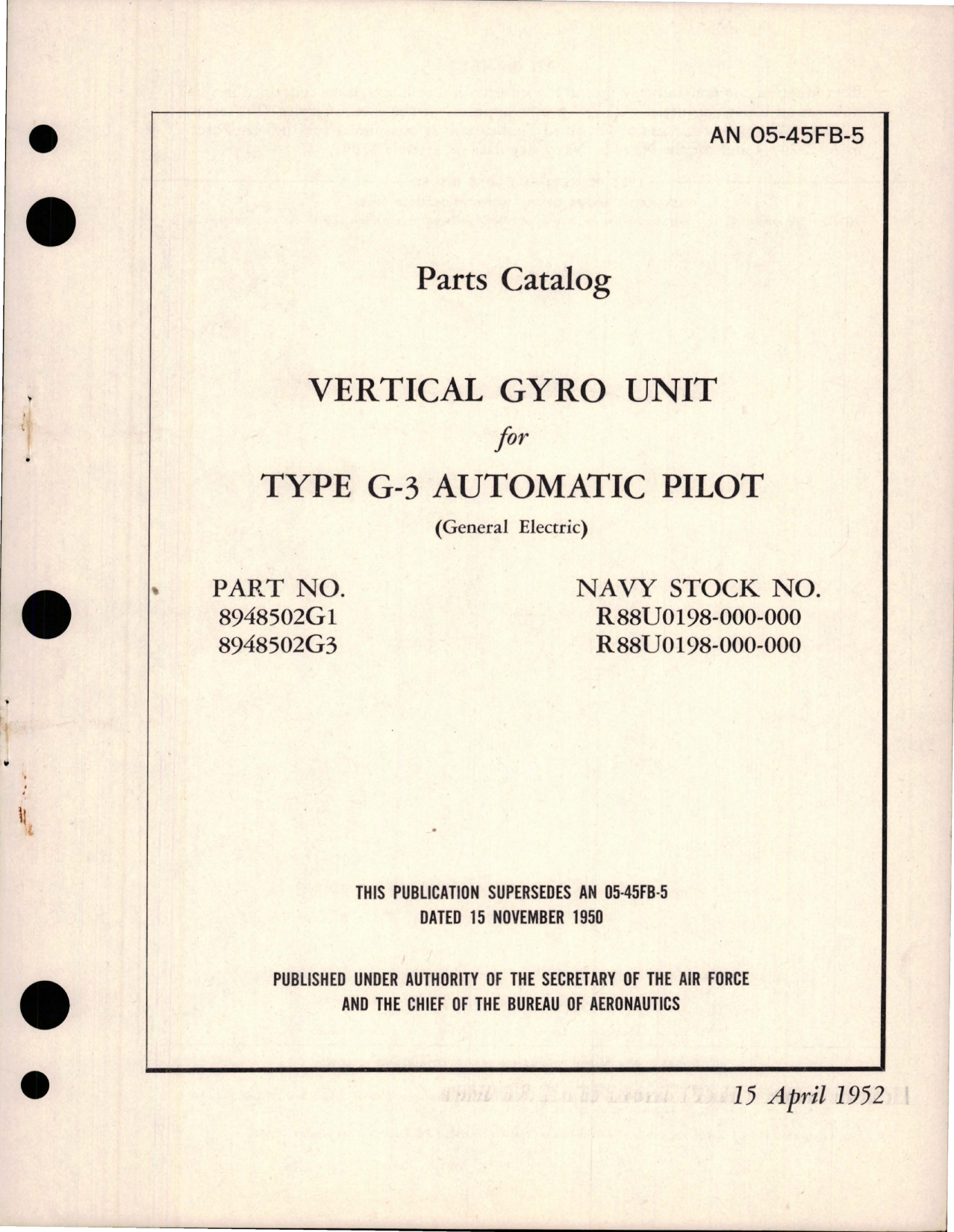 Sample page 1 from AirCorps Library document: Parts Catalog Vertical Gyro Unit for Type G-3 Auto Pilot - Parts 8948502G1 and 8948502G3