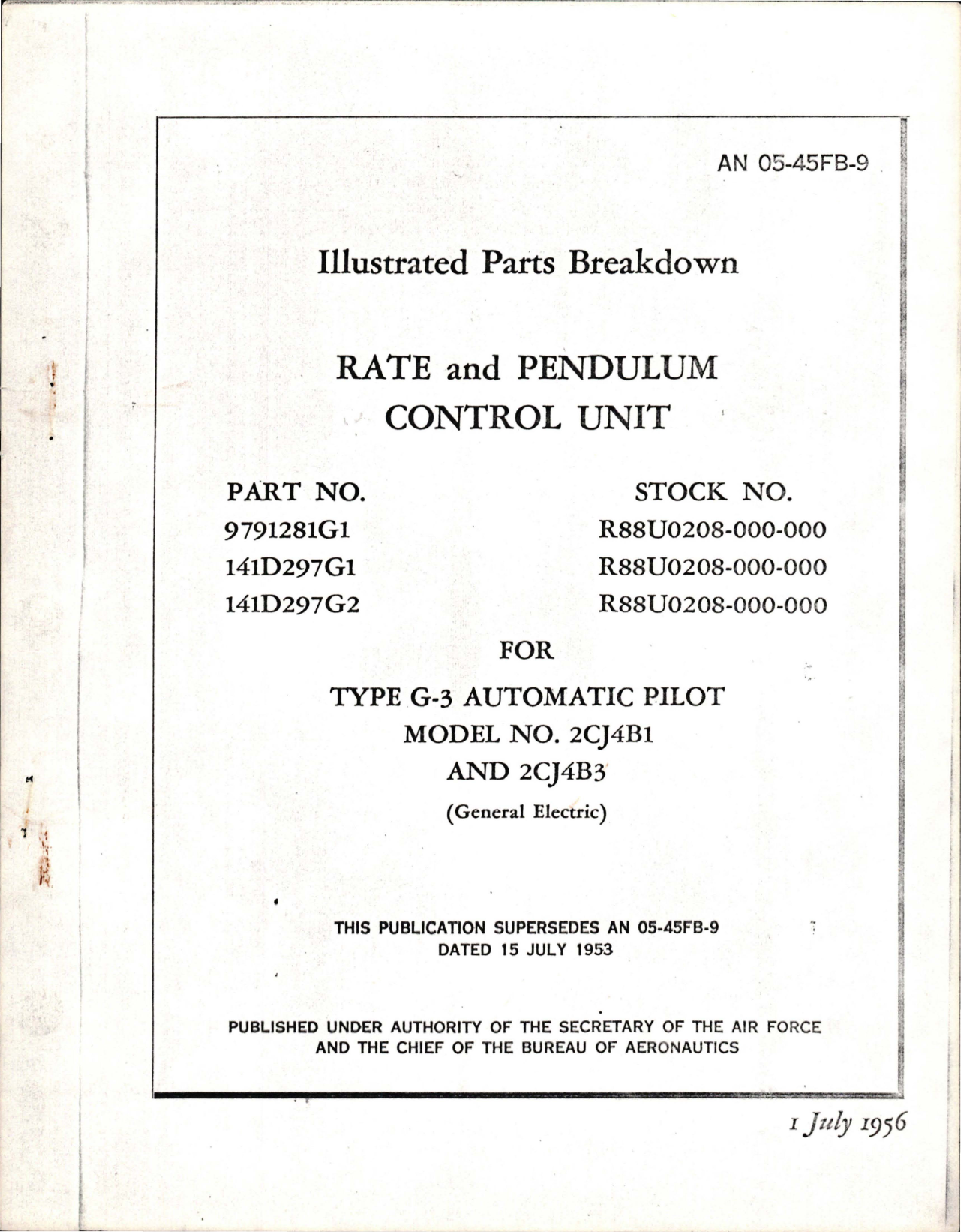 Sample page 1 from AirCorps Library document: Illustrated Parts Breakdown for Rate and Pendulum Control Unit - Parts 9791281G1, 141D297G1, 141D297G2 for G-3 Auto Pilot Model 2CJ4B1 and 2CJ4B3