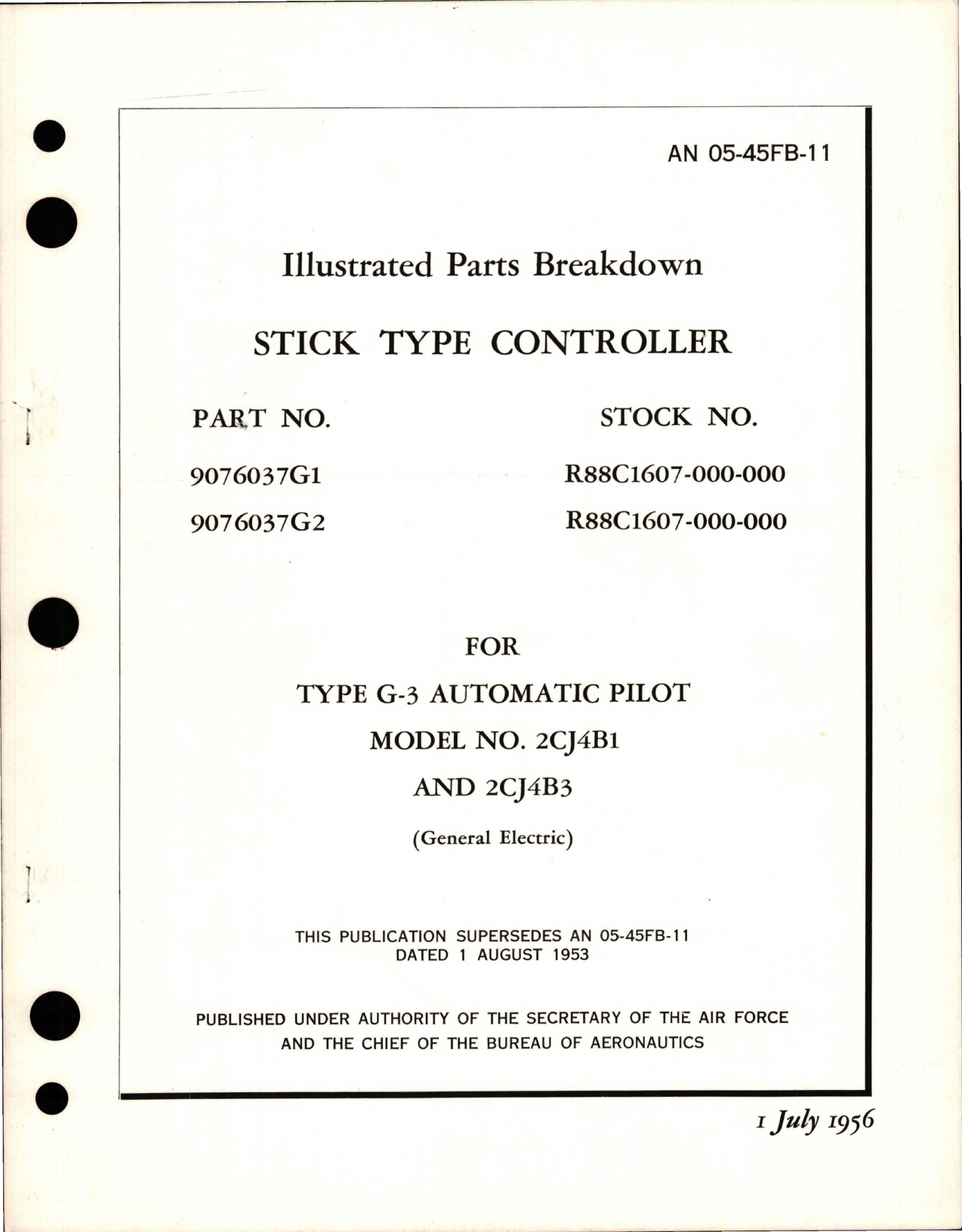 Sample page 1 from AirCorps Library document: Illustrated Parts Breakdown for Stick Type Controller for G-3 Auto Pilot - Models 2CJ4B1 and 2CJ4B3 - Parts 9076037G1 and 9076037G2