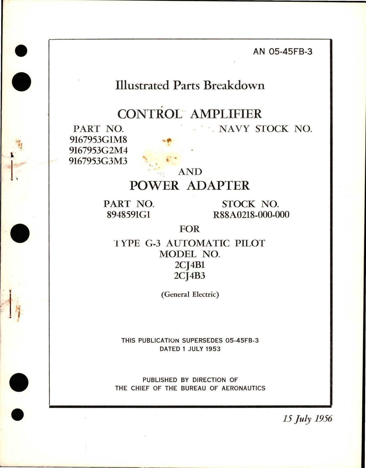 Sample page 1 from AirCorps Library document: Illustrated Parts Breakdown for Control Amplifier and Power Adapter for G-3 Auto Pilot Models 2CJ4B1and 2CJ4B3