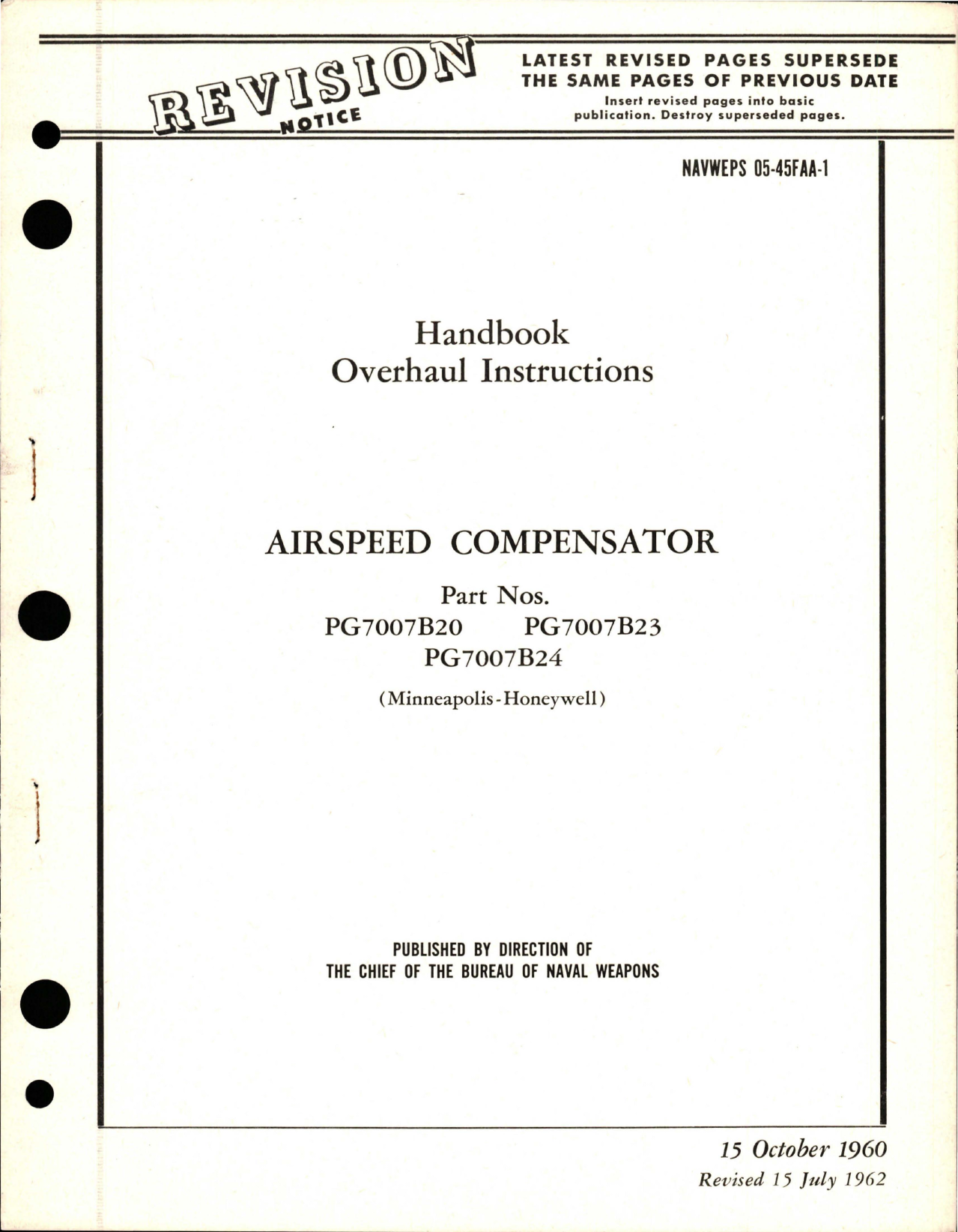 Sample page 1 from AirCorps Library document: Overhaul Instructions for Airspeed Compensator - Parts PG7007B20, PG7007B23, and PG7007B24