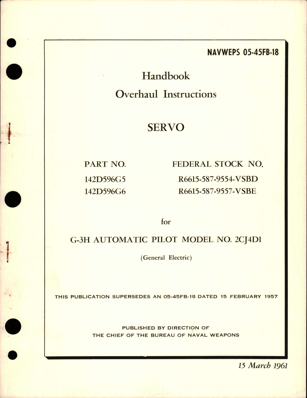 Sample page 1 from AirCorps Library document: Overhaul Instructions for Servo - Part 142D596G5 and 142D596G6 for G-3H Auto Pilot Model 2CJ4D1