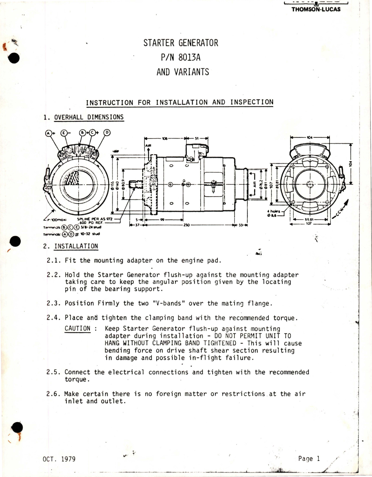 Sample page 1 from AirCorps Library document: Instructions for Installation and Inspection for Starter Generator - Part 8013A
