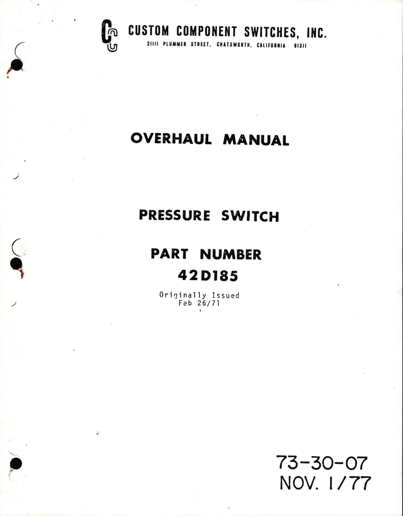 Sample page 1 from AirCorps Library document: Overhaul for Pressure Switch - Part 42D185 