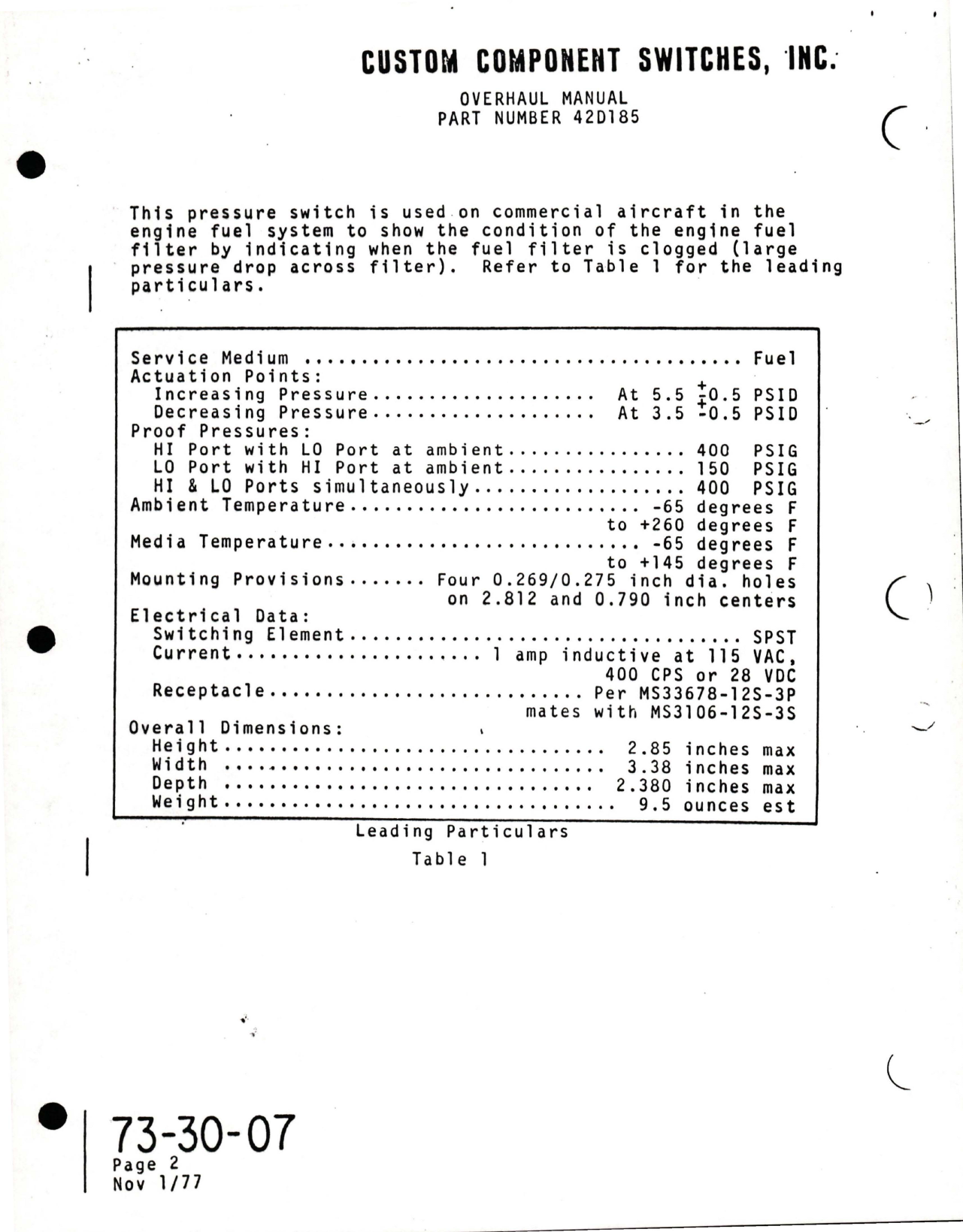 Sample page 7 from AirCorps Library document: Overhaul for Pressure Switch - Part 42D185 