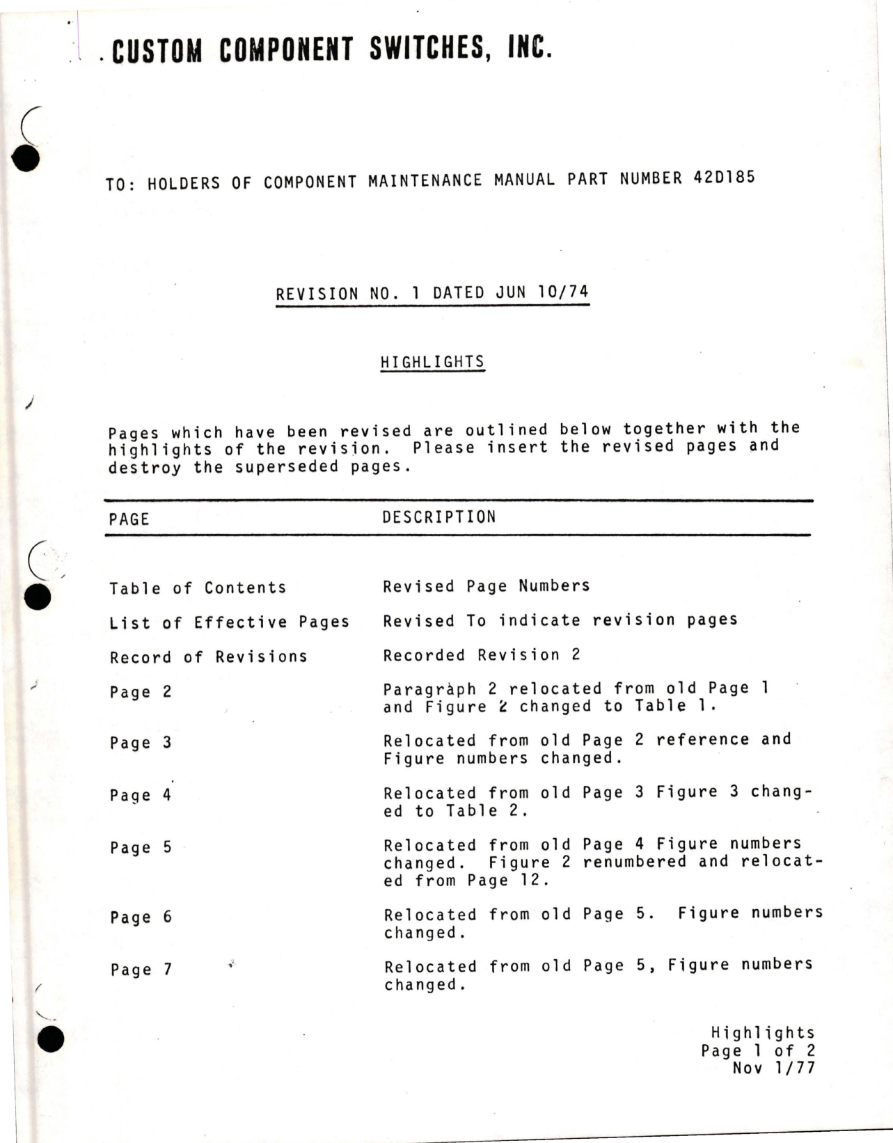 Sample page 1 from AirCorps Library document: Maintenance Manual for Pressure Switch - Part 42D185 