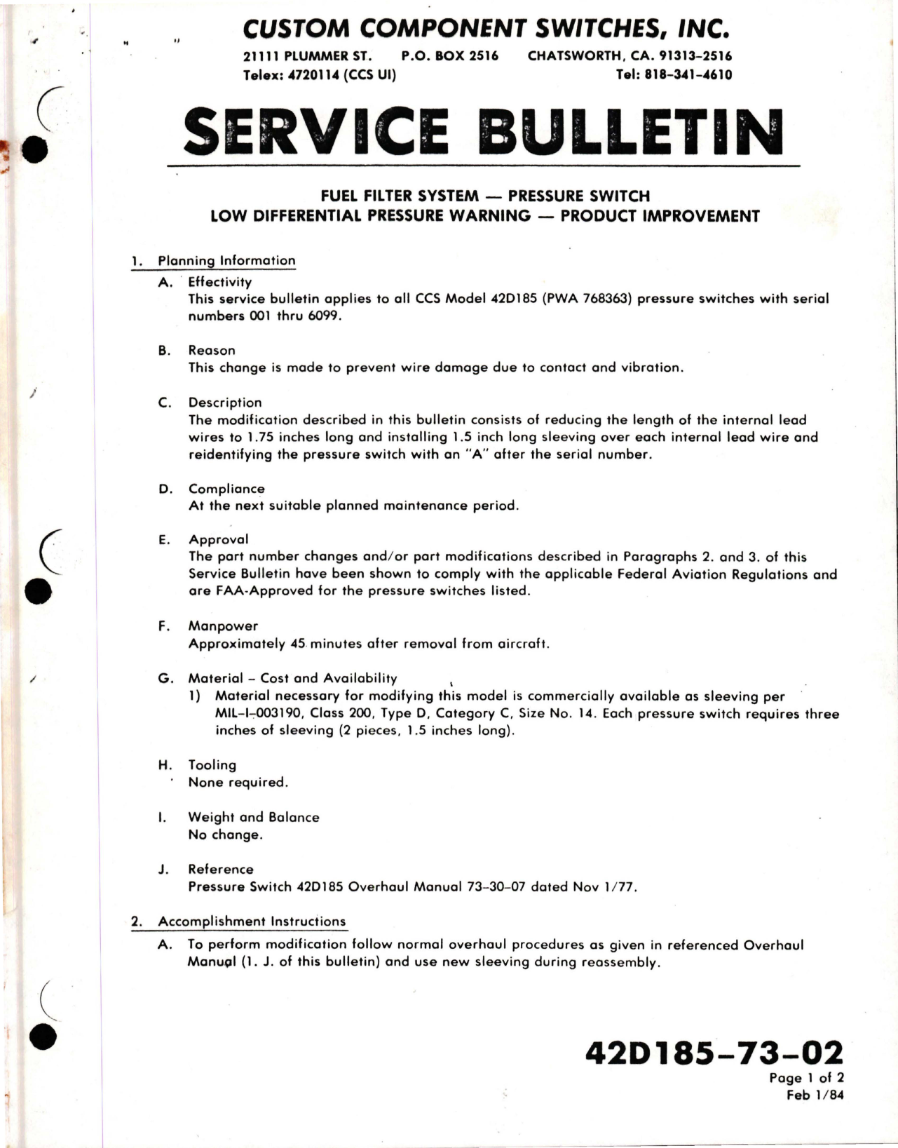 Sample page 1 from AirCorps Library document: Fuel Filter System Pressure Switch - Low Differential Pressure Warning