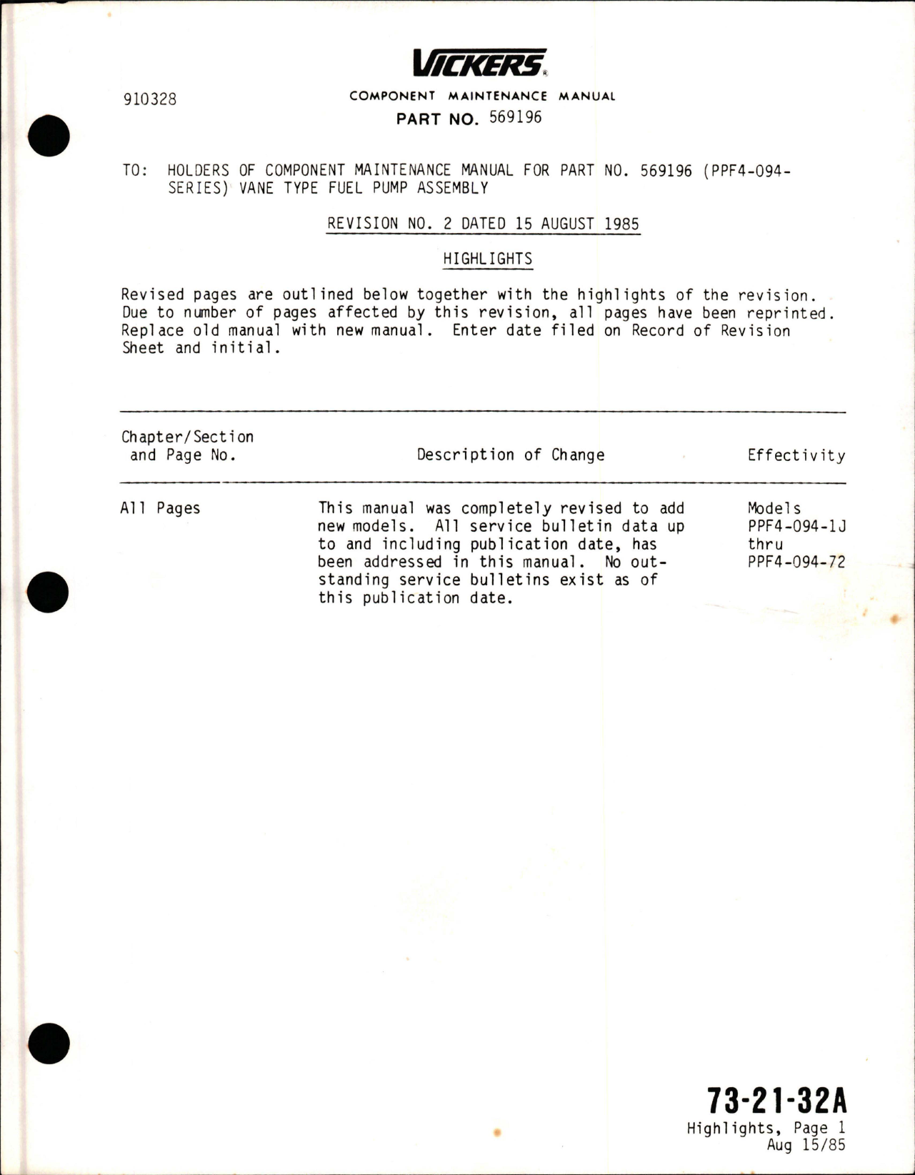Sample page 1 from AirCorps Library document: Maintenance Manual - Revision to Vane Type Fuel Pump Assembly - Part 5659196