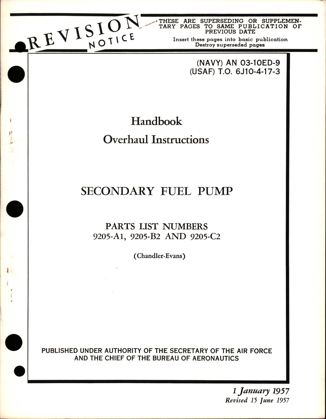 Sample page 1 from AirCorps Library document: Overhaul Instructions for Secondary Fuel Pump - Parts 9205-A1, 9205-B2, and 9205-C2
