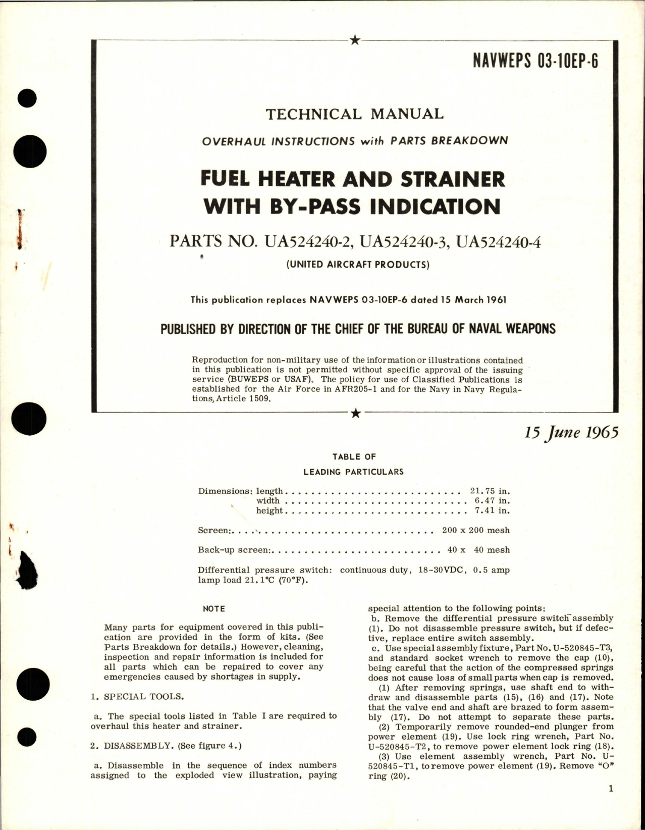 Sample page 1 from AirCorps Library document: Overhaul Instructions with Parts for Fuel Heater and Strainer w By-pass Indication - Parts UA524240-2, UA524240-3, and UA524240-4