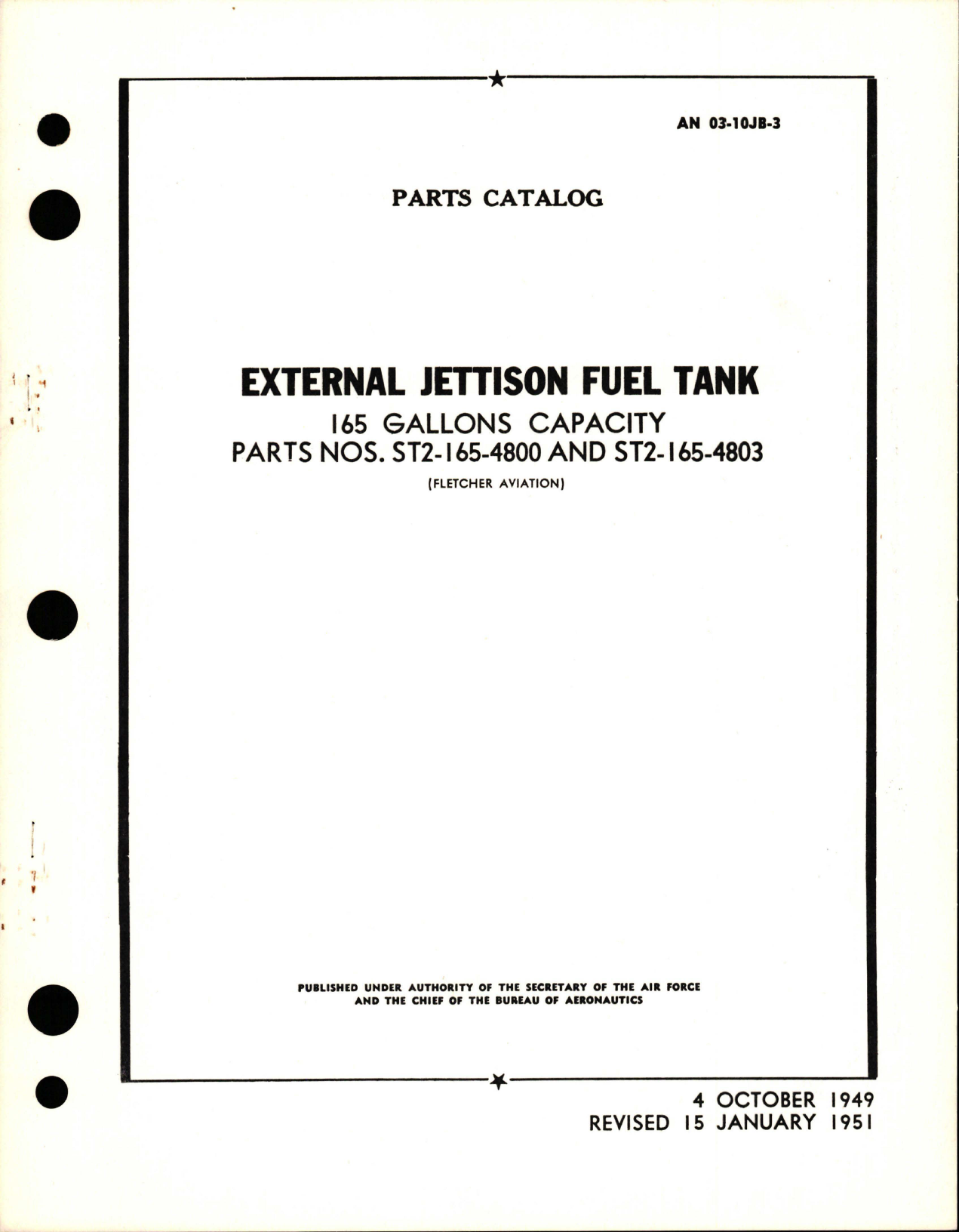 Sample page 1 from AirCorps Library document: Parts Catalog for External Jettison Fuel Tank - 165 Gal Capacity - Parts ST2-165-4800 and ST2-165-4803