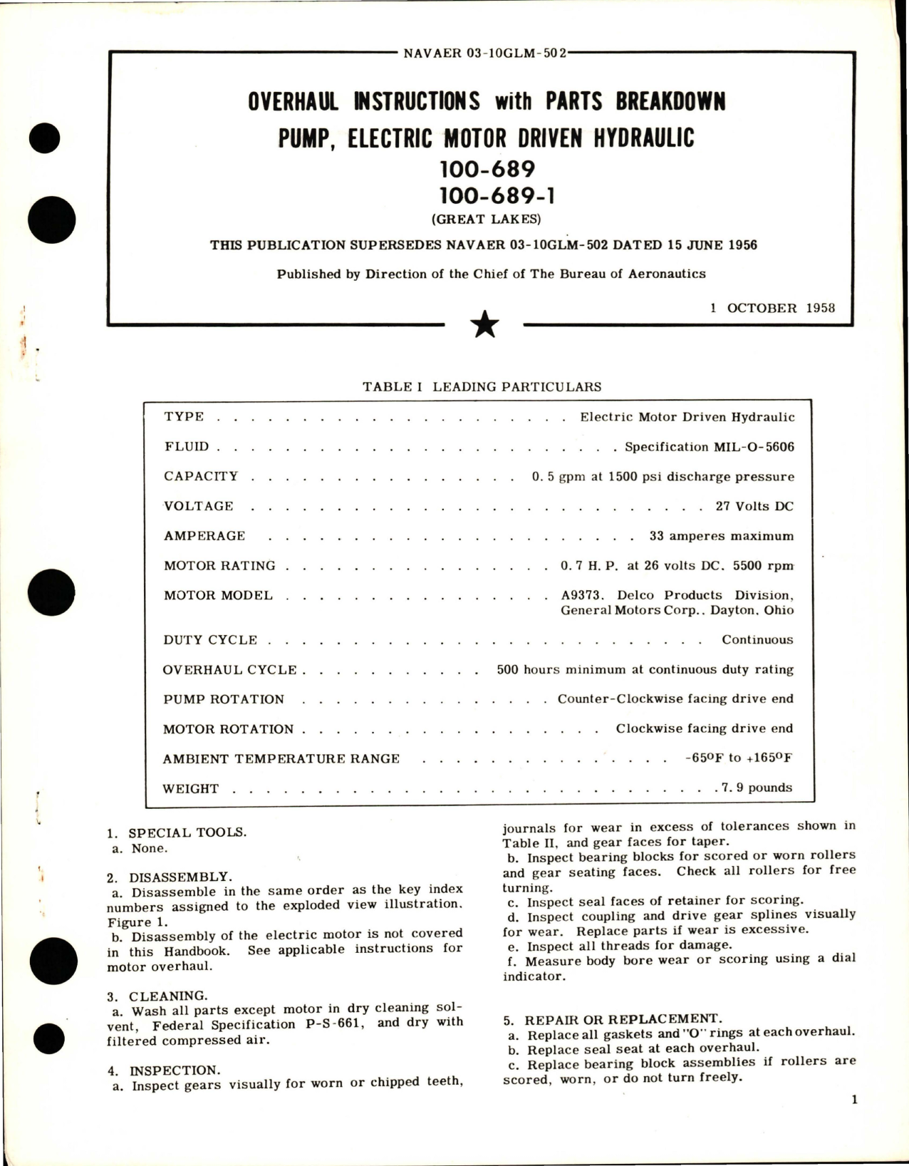 Sample page 1 from AirCorps Library document: Overhaul Instructions w Parts for Electric Motor Driven Hydraulic Pump - 100-689 and 100-689-1