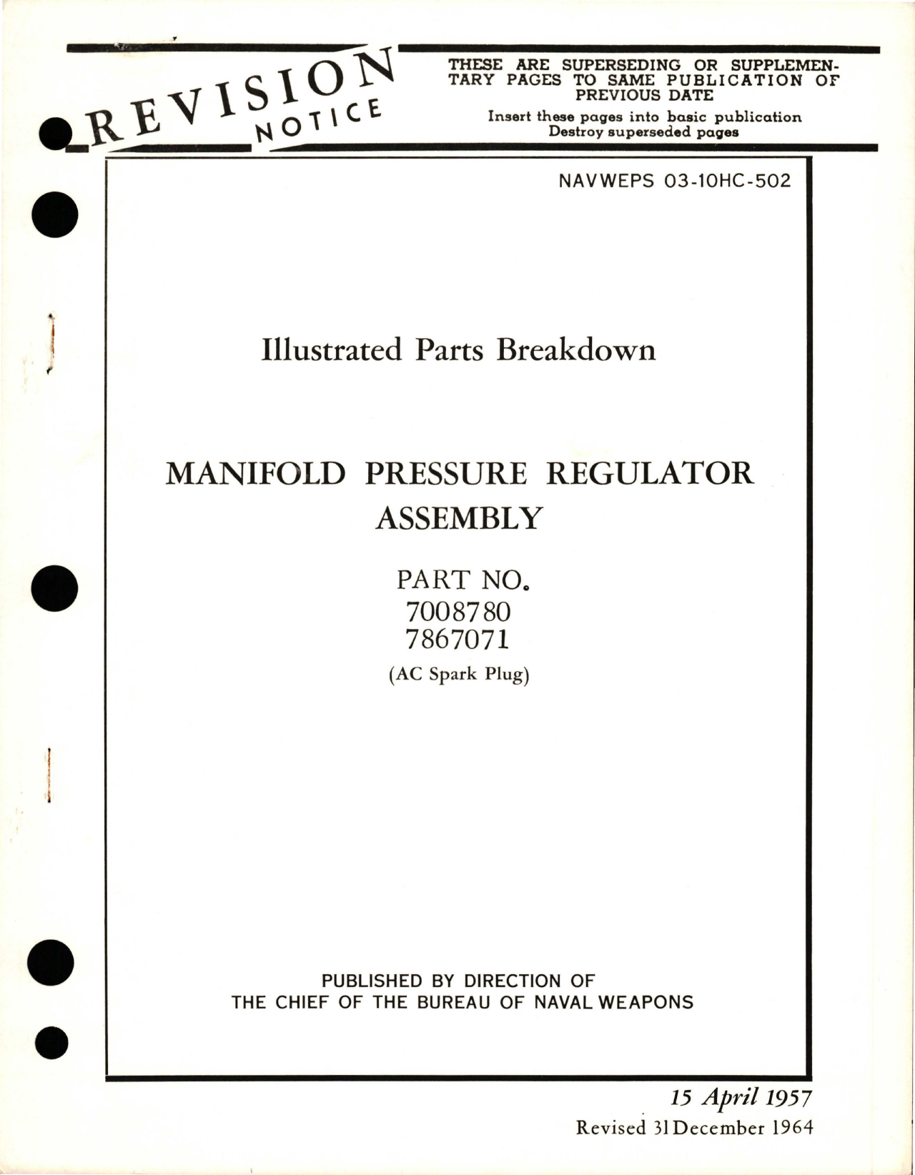 Sample page 1 from AirCorps Library document: Illustrated Parts Breakdown for Manifold Pressure Regulator Assembly - Part 7008780 and 7867071