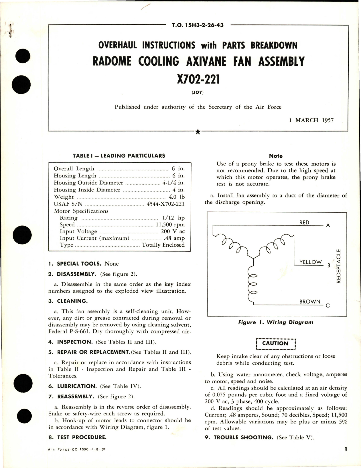 Sample page 1 from AirCorps Library document: Overhaul Instructions with Parts for Radome Cooling Axivane Fan Assembly - X702-221
