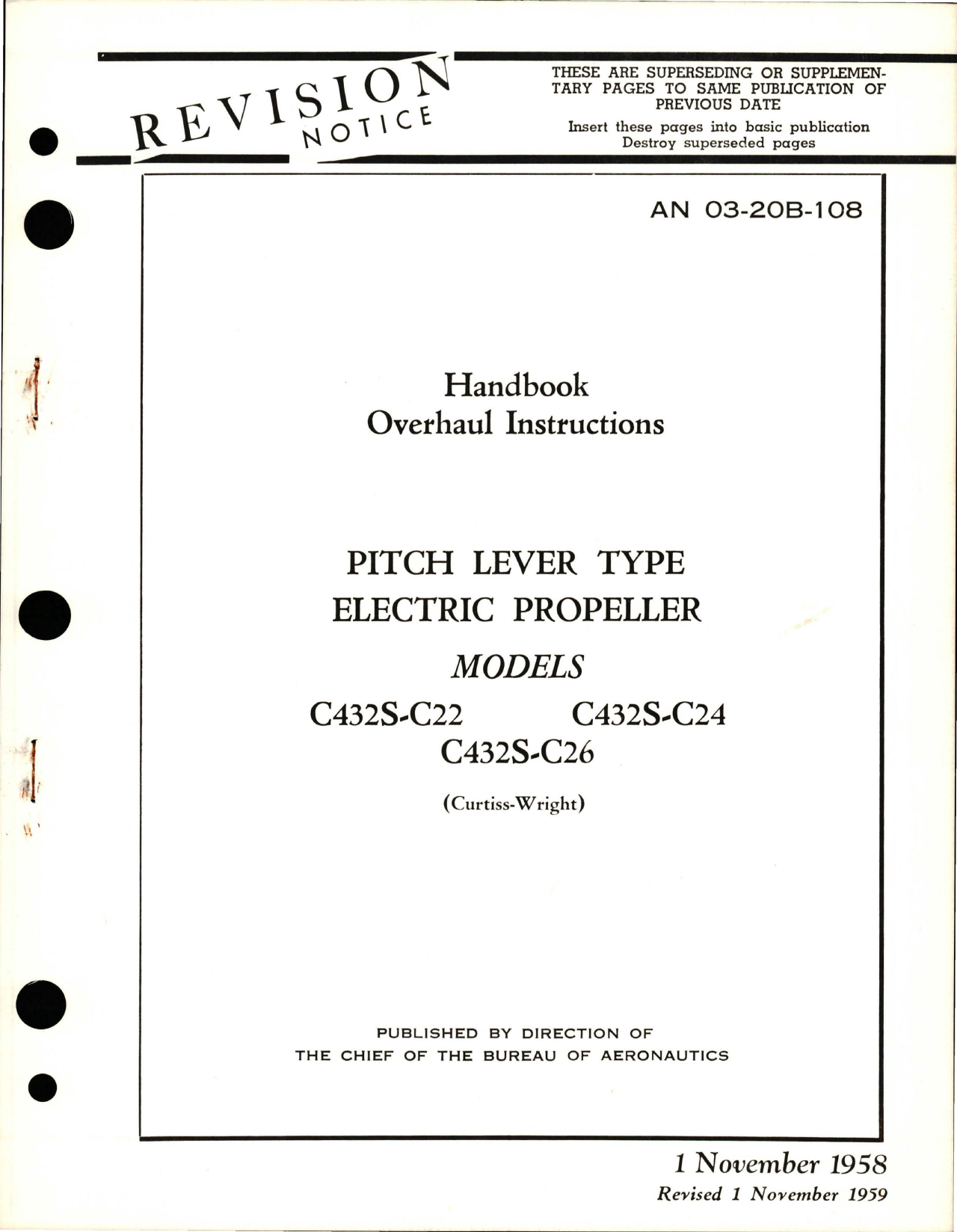 Sample page 1 from AirCorps Library document: Overhaul Instructions for Pitch Lever Type Electric Propeller - Models C432S-C22, C432S-C24, and C432S-C26