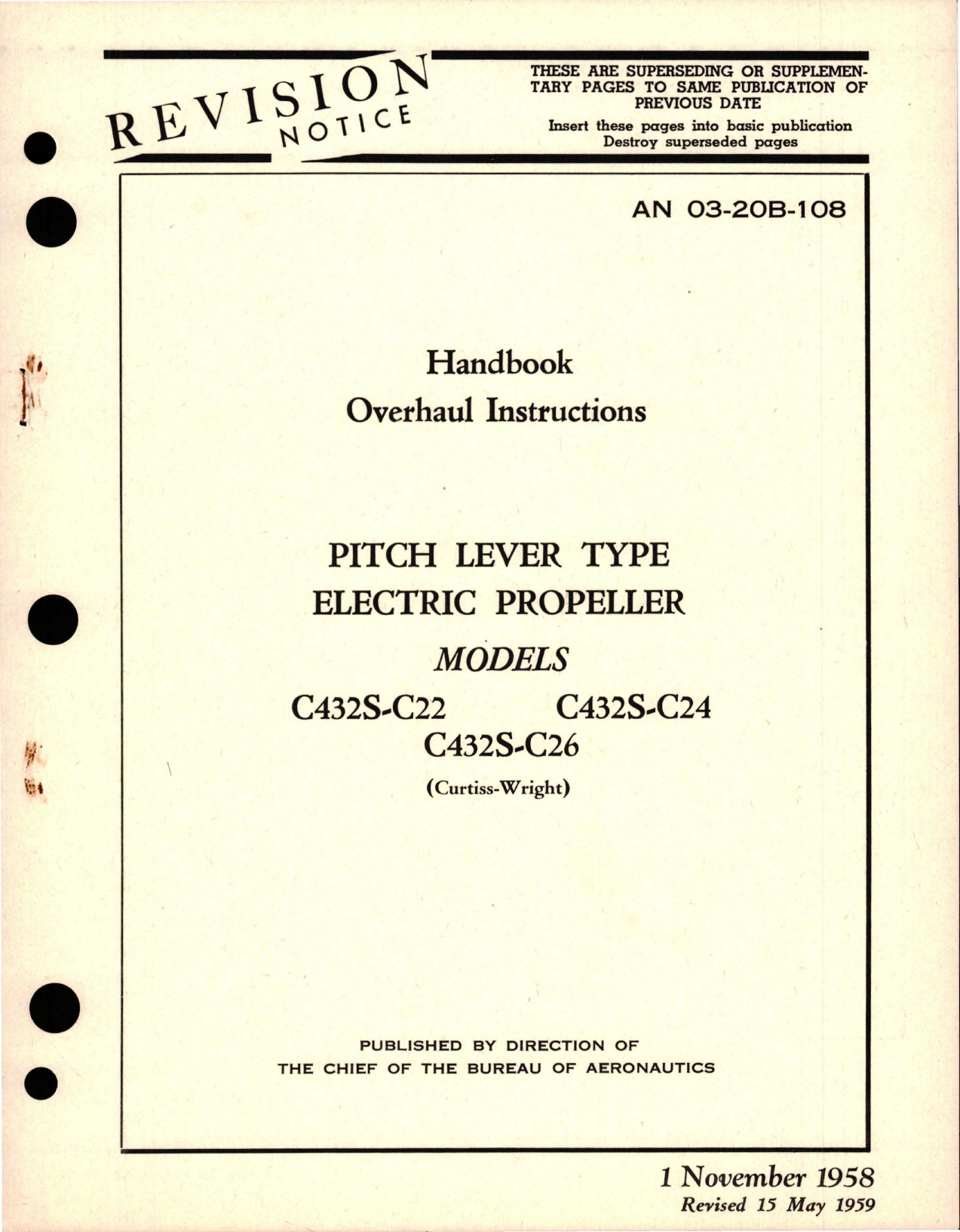 Sample page 1 from AirCorps Library document: Overhaul Instructions for Pitch Lever Type Electric Propeller - Models C432S-C22, C432S-C24, C432S-C26