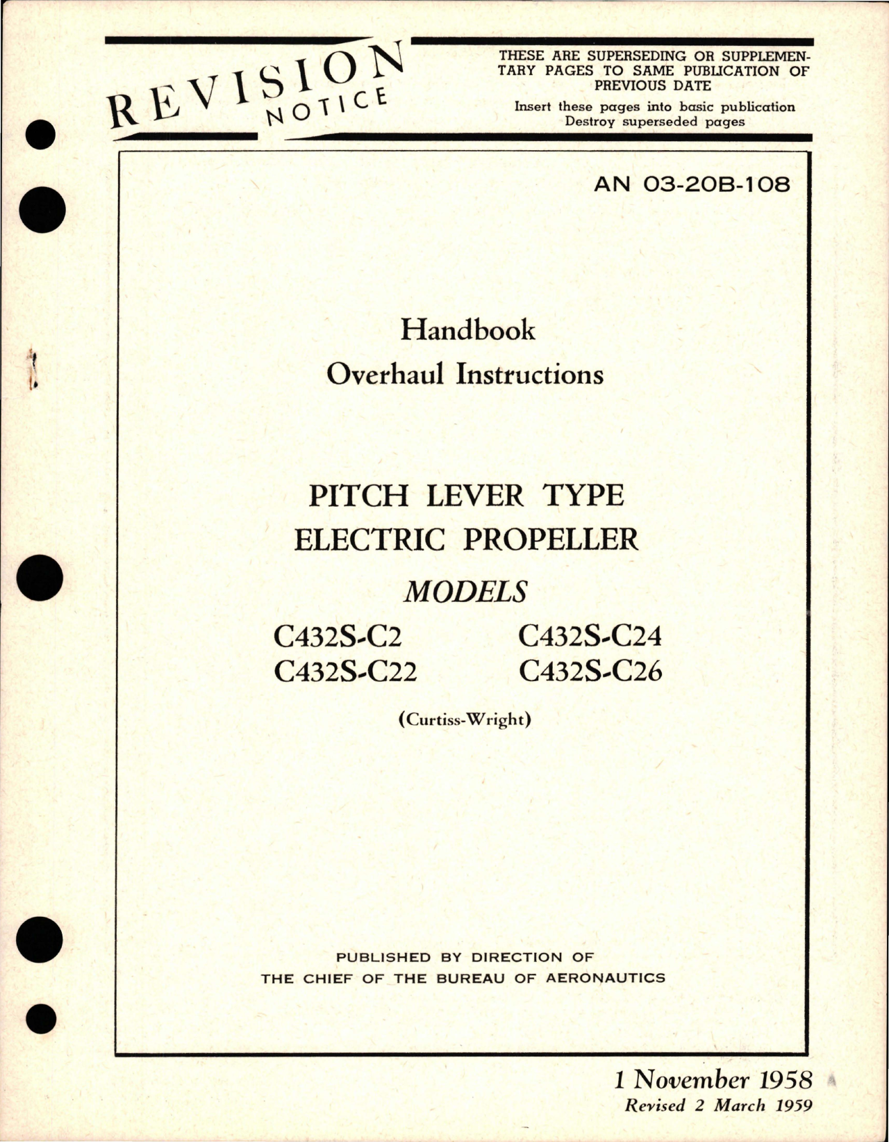Sample page 1 from AirCorps Library document: Overhaul Instructions for Pitch Lever Type Electric Propeller - Models C432S-C22, C432S-C24, C432S-C26, and C432S-C2
