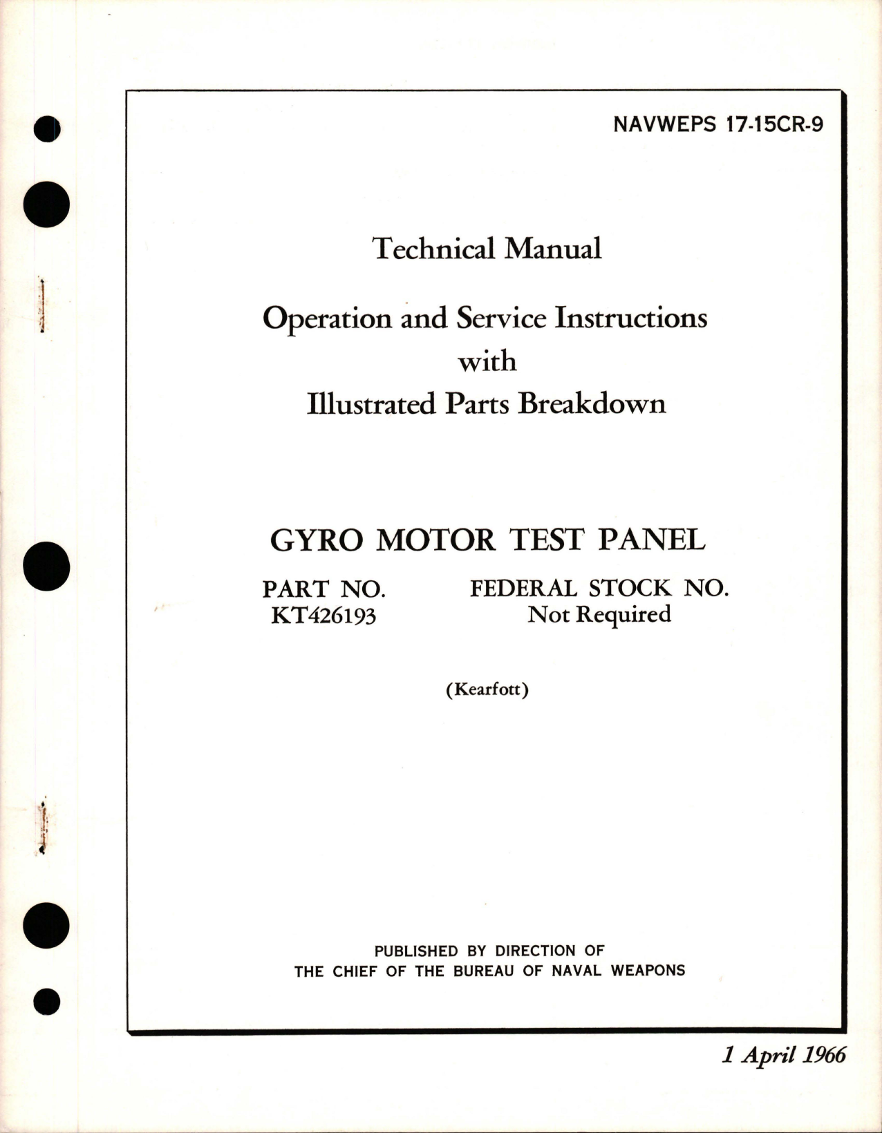 Sample page 1 from AirCorps Library document: Operation, Service Instructions and Illustrated Parts Breakdown for Gyro Motor Test Panel - Part KT426193