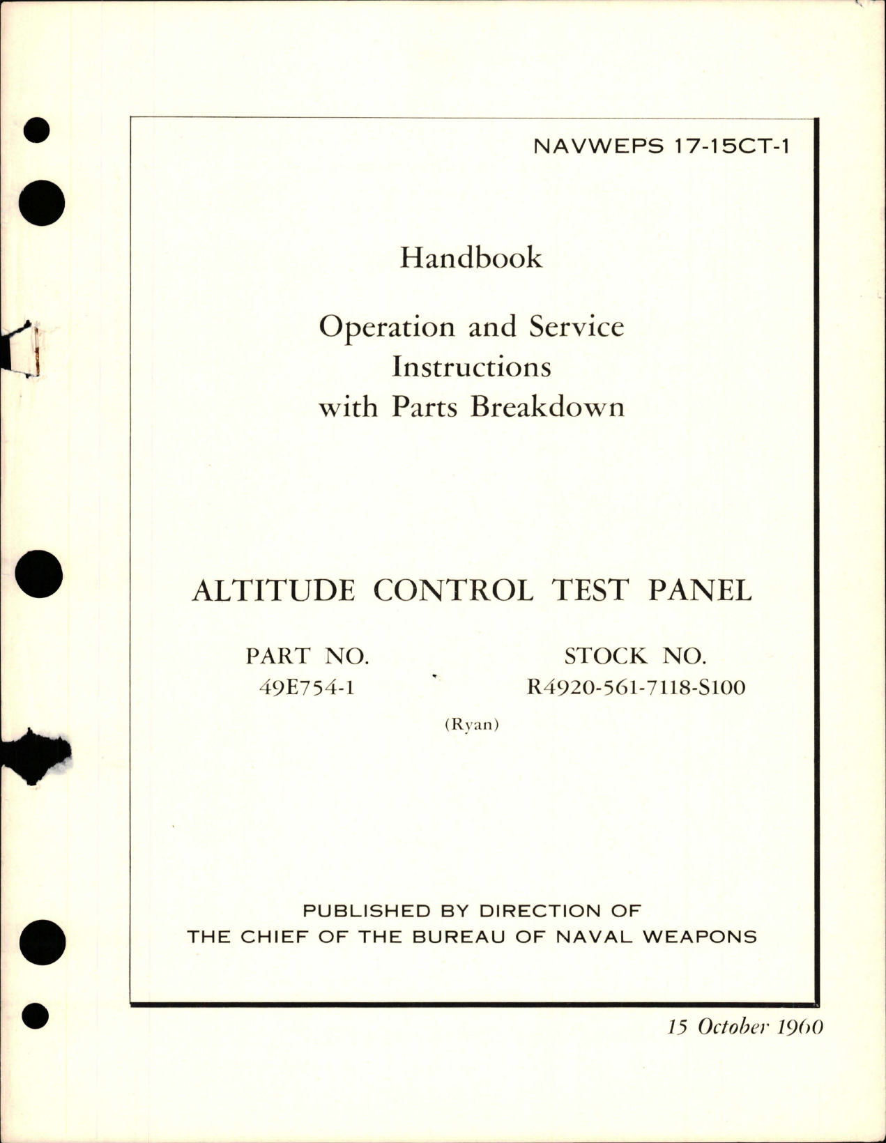 Sample page 1 from AirCorps Library document: Operation, Service Instructions and Parts Breakdown for Altitude Control Test Panel - Part 49E754-1