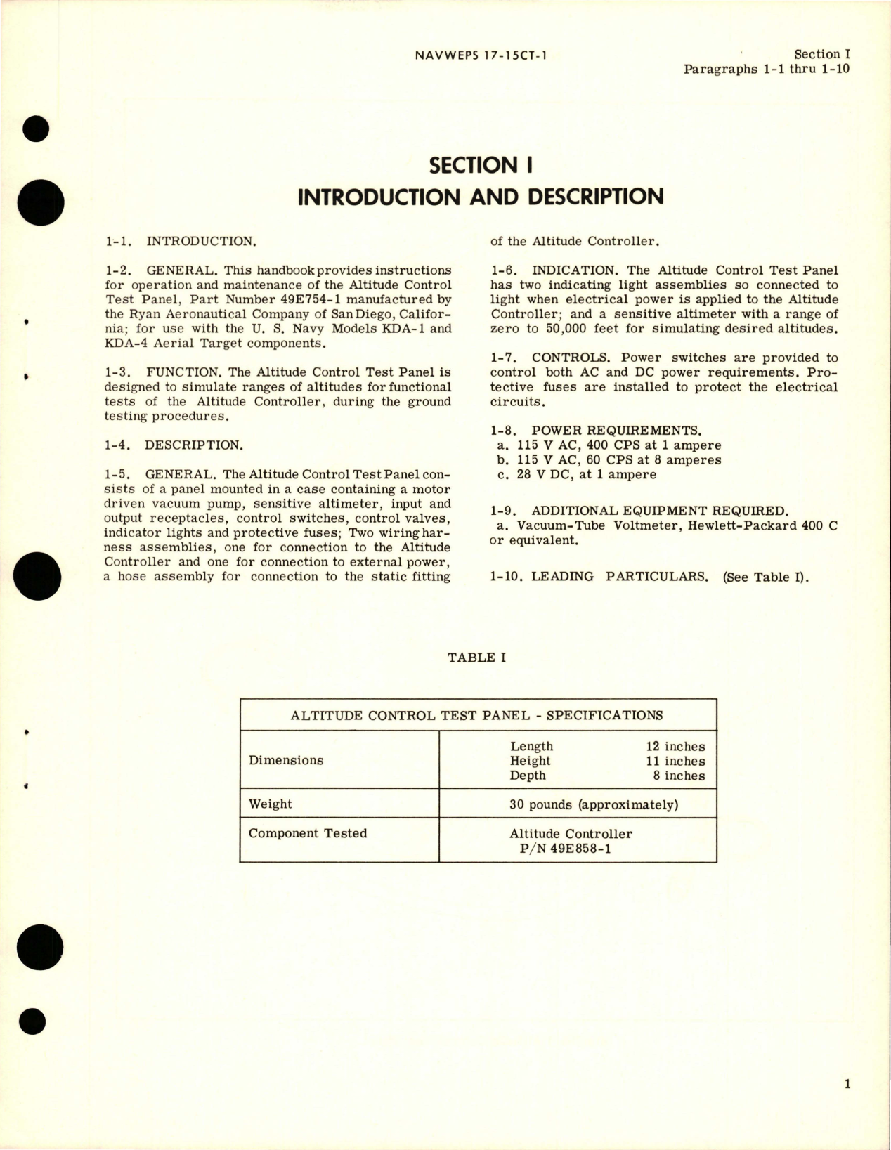 Sample page 5 from AirCorps Library document: Operation, Service Instructions and Parts Breakdown for Altitude Control Test Panel - Part 49E754-1