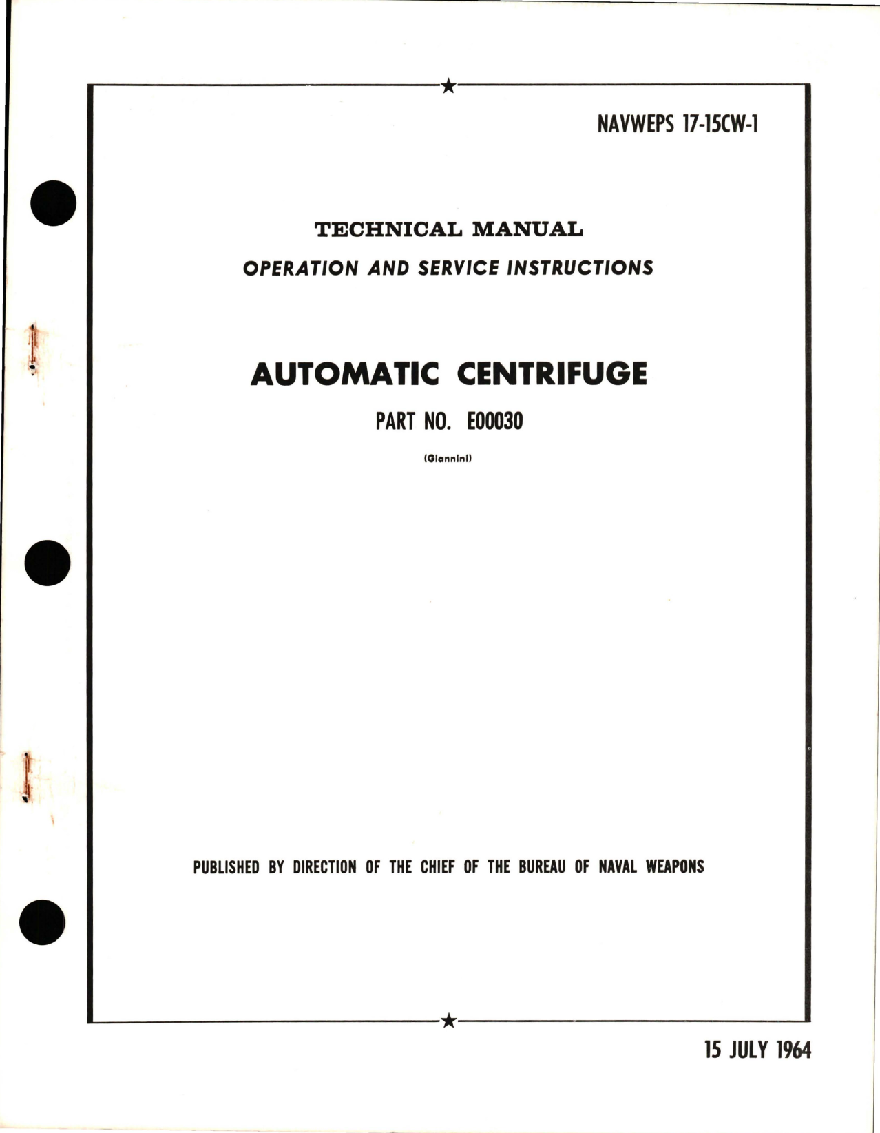 Sample page 1 from AirCorps Library document: Operation, Service Instructions for Automatic Centrifuge - Part E00030 