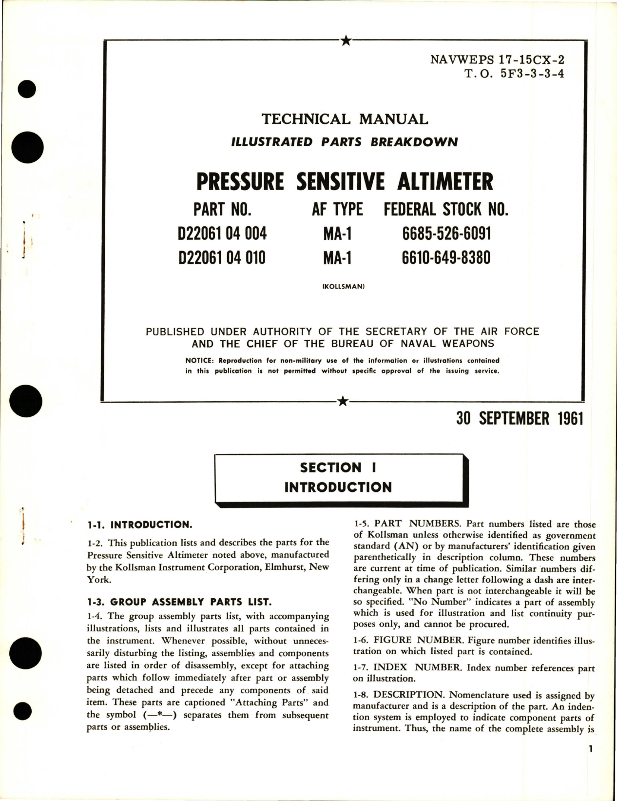 Sample page 1 from AirCorps Library document: Illustrated Parts Breakdown for Pressure Sensitive Altimeter - Parts D22061 04 004 and D22061 04 010