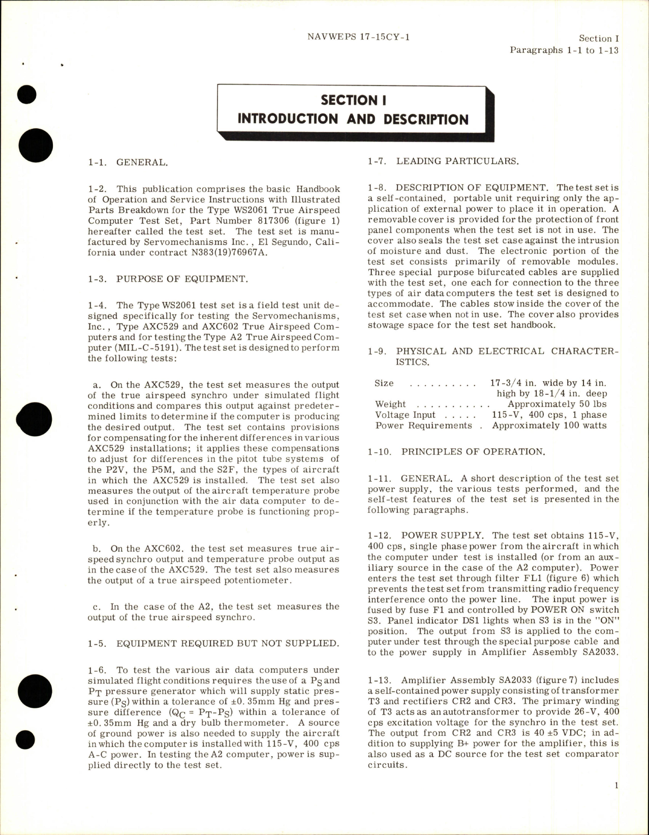 Sample page 5 from AirCorps Library document: Operation, Service Instructions and Illustrated Parts Breakdown for True Airspeed Computer Test Set - Type WS2061 - Part 817306