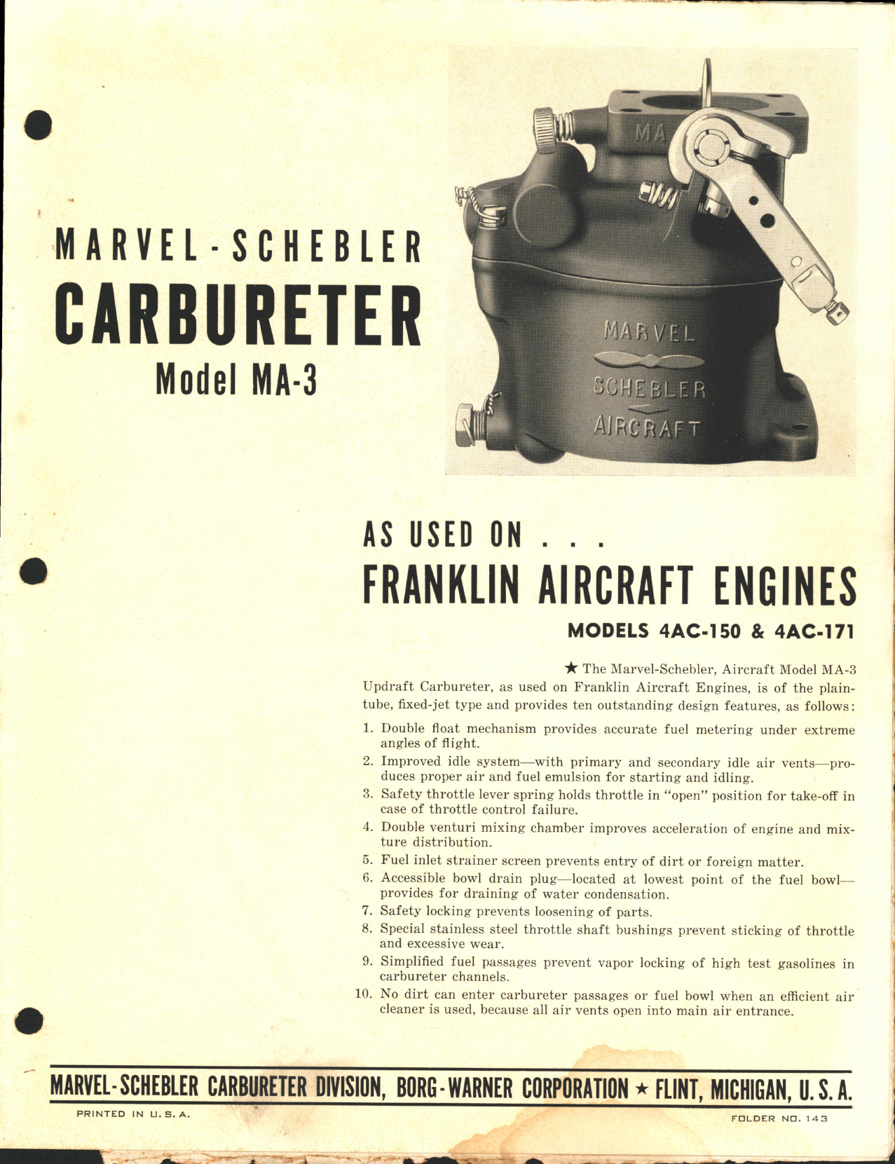 Sample page 1 from AirCorps Library document: Marvel-Schebler Carburetor Model MA-3