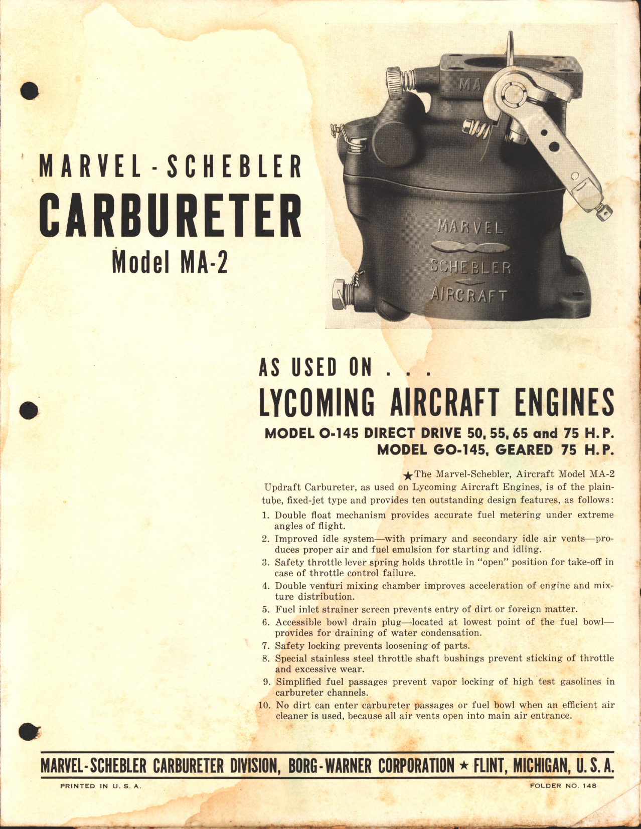 Sample page 1 from AirCorps Library document: Marvel-Schebler Carburetor Model MA-2