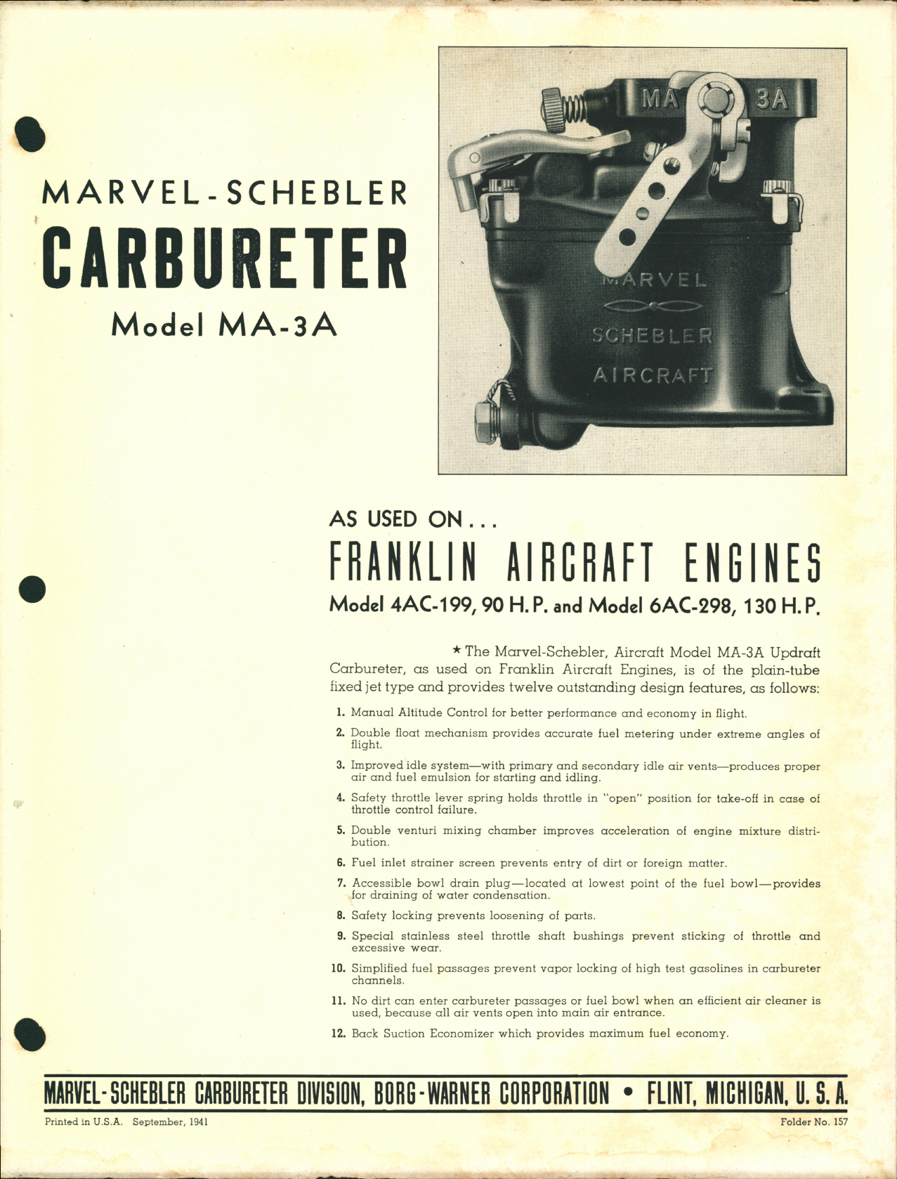 Sample page 1 from AirCorps Library document: Marvel-Schebler Carburetor Model MA-3A