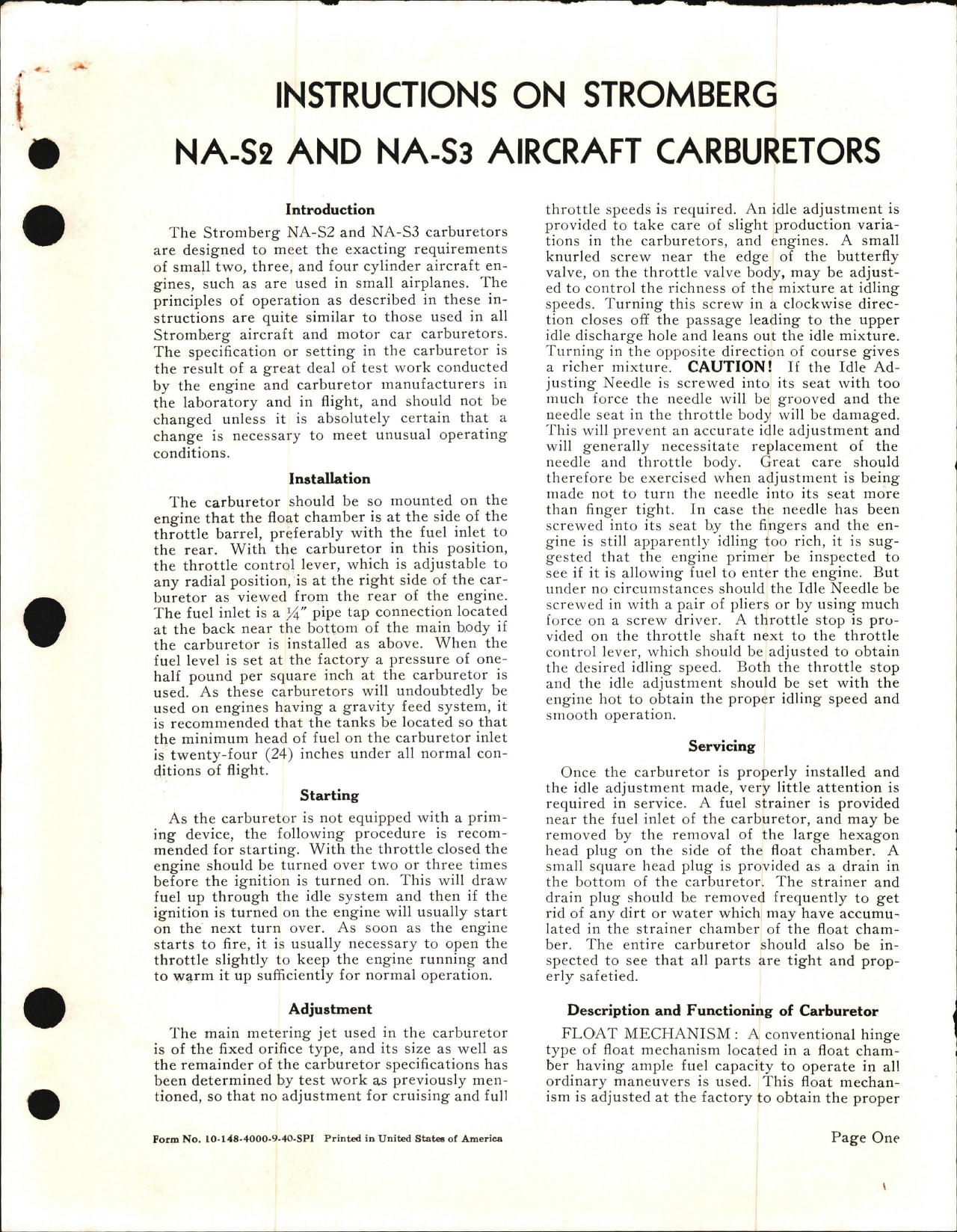 Sample page 1 from AirCorps Library document: Instructions on Stromberg NA-S2 and NA-S3 Aircraft Carburetors