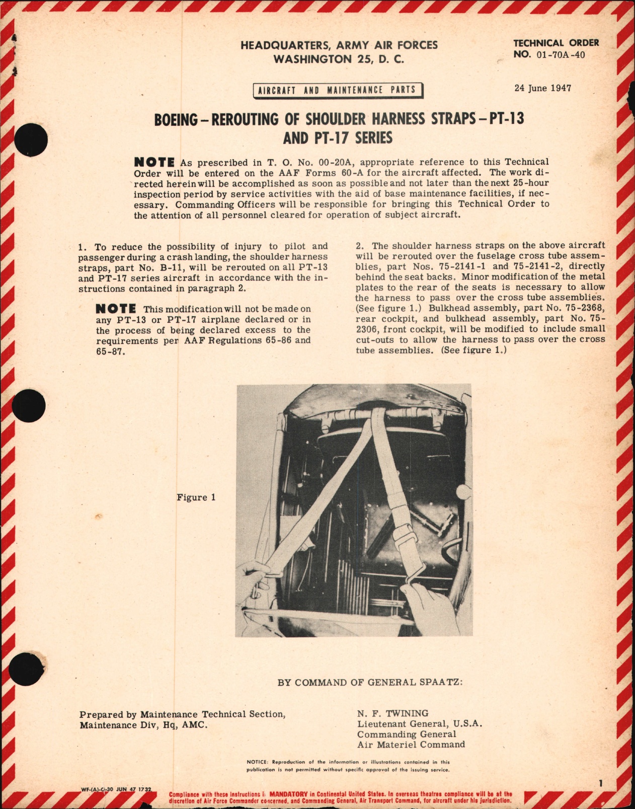Sample page 1 from AirCorps Library document: Rerouting of Shoulder Harness Straps for PT-13 & PT-17 Series