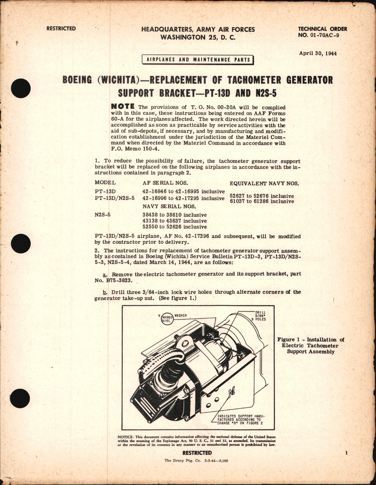 Sample page 1 from AirCorps Library document: Replacement of Tachometer Generator Support Bracket for PT-13D & N2S-5