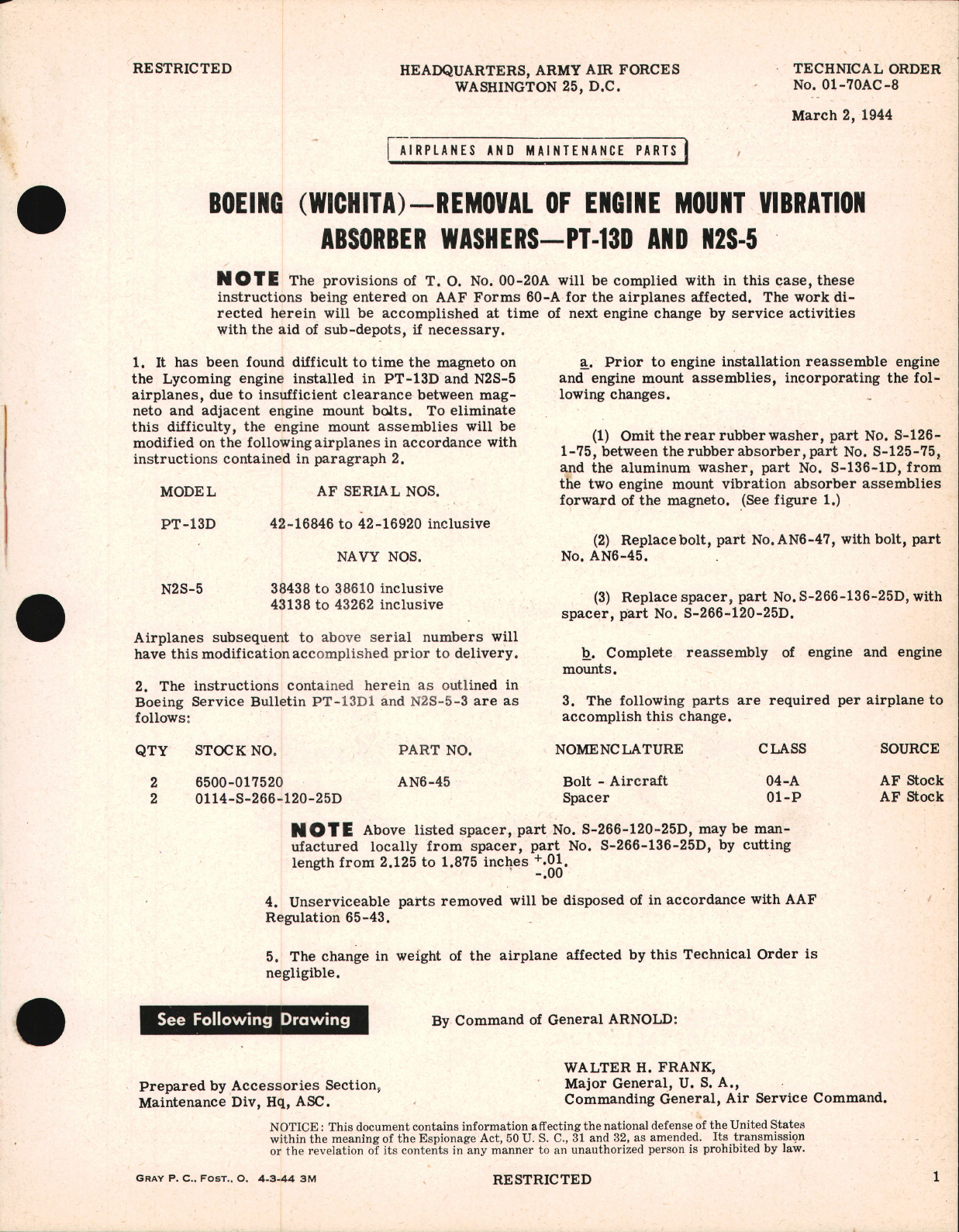 Sample page 1 from AirCorps Library document: Removal of Engine Mount Vibration Absorber Washers for PT-13 & N2S-5