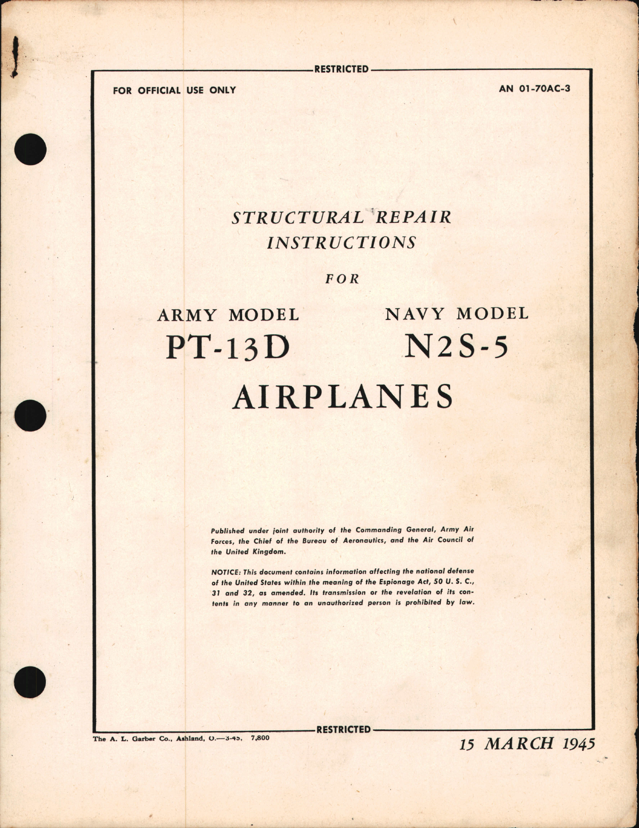Sample page 1 from AirCorps Library document: Structural Repair Instructions for PT-13D and N2S-5