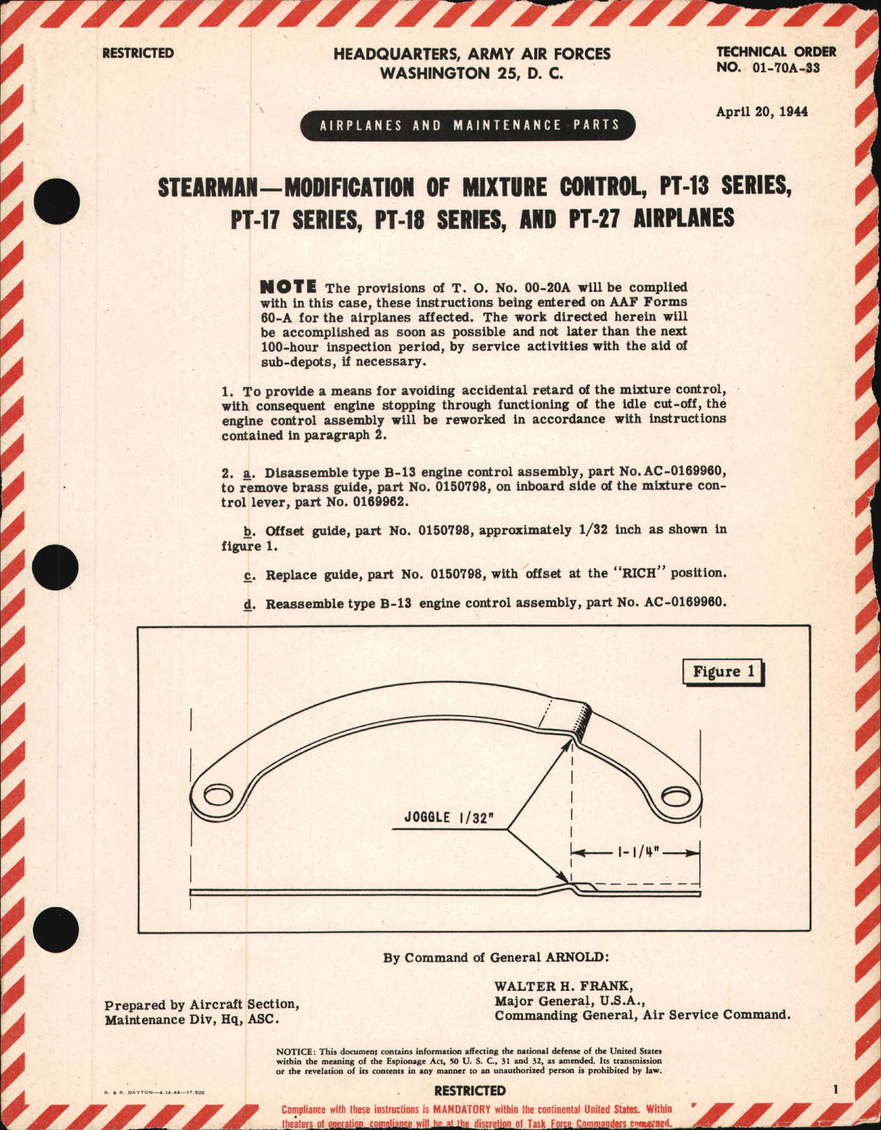 Sample page 1 from AirCorps Library document: Modification of Mixture Control for PT-13, -17, -18 & -27