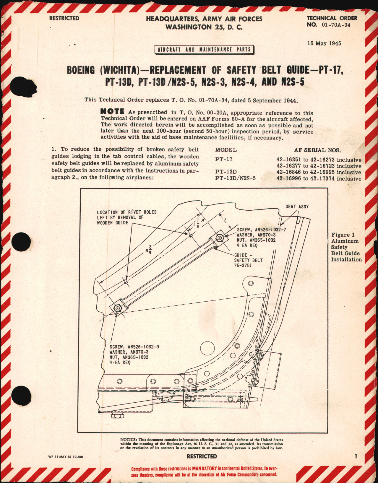 Sample page 1 from AirCorps Library document: Replacement of Safety Belt Guide for PT-17, -13D, N2S-5, -3, -4 & -5